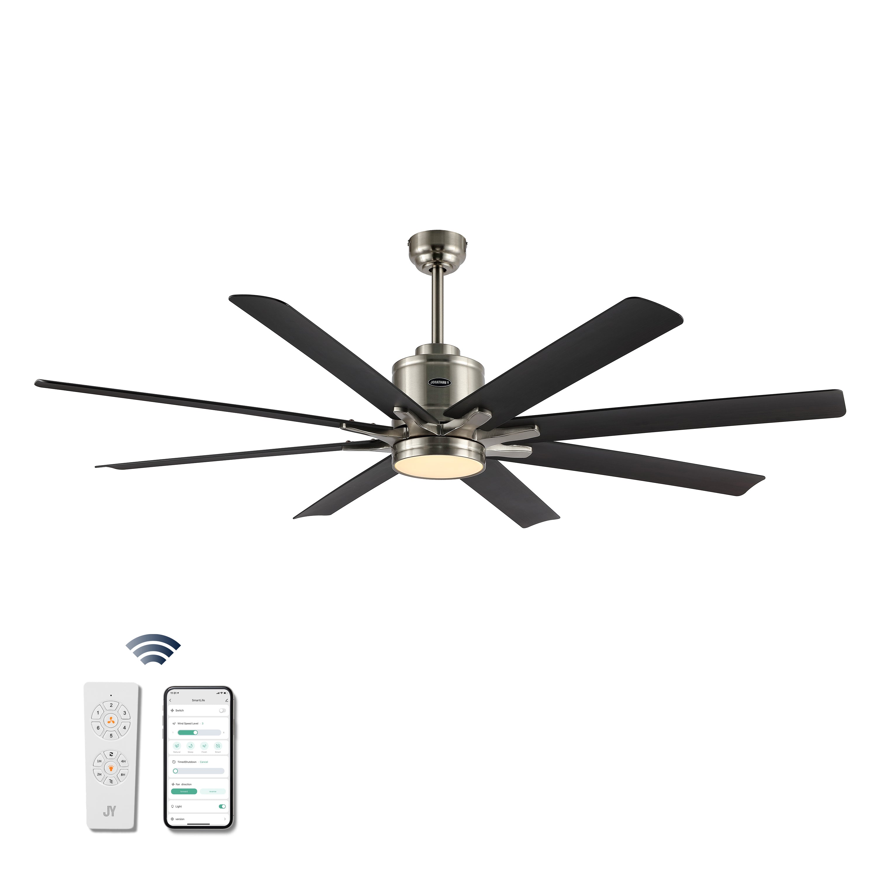 Octo 1-Light Contemporary Industrial Iron/Plastic Mobile-App/Remote-Controlled 6-Speed Ceiling Fan with Integrated LED Light