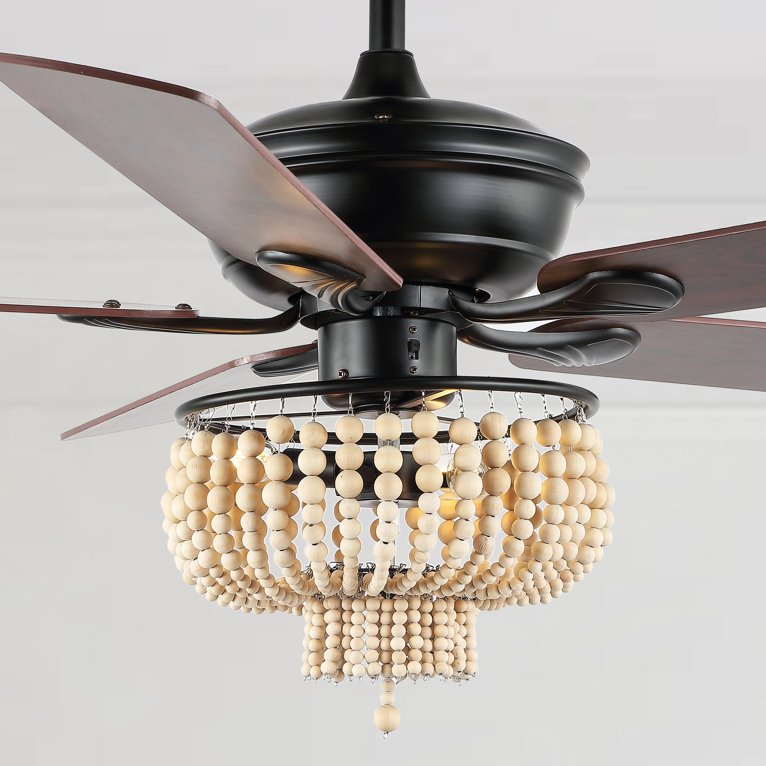 Opal 3-Light Farmhouse Rustic Wood Bead Shade LED Ceiling Fan With Remote