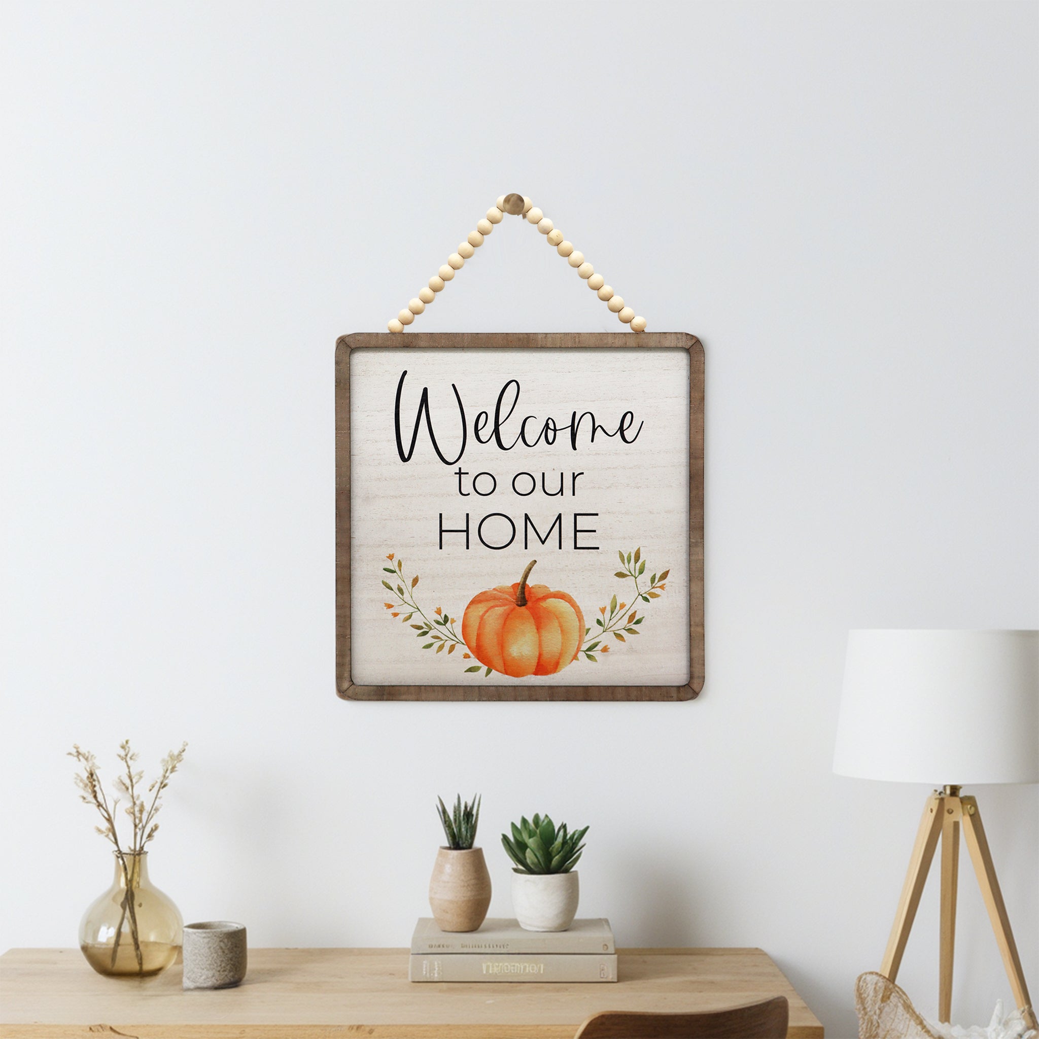 Welcome Our Home Sign with Wood Bead Hanger