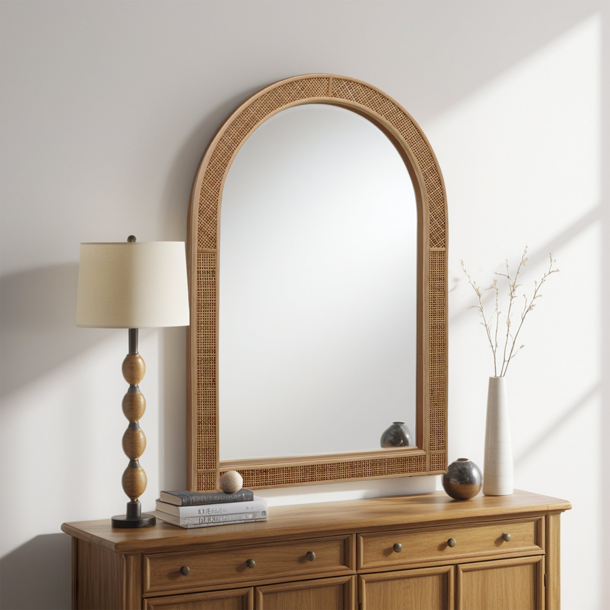 Arched Rattan Wall Mirror,  Farmhouse Vanity Mirror