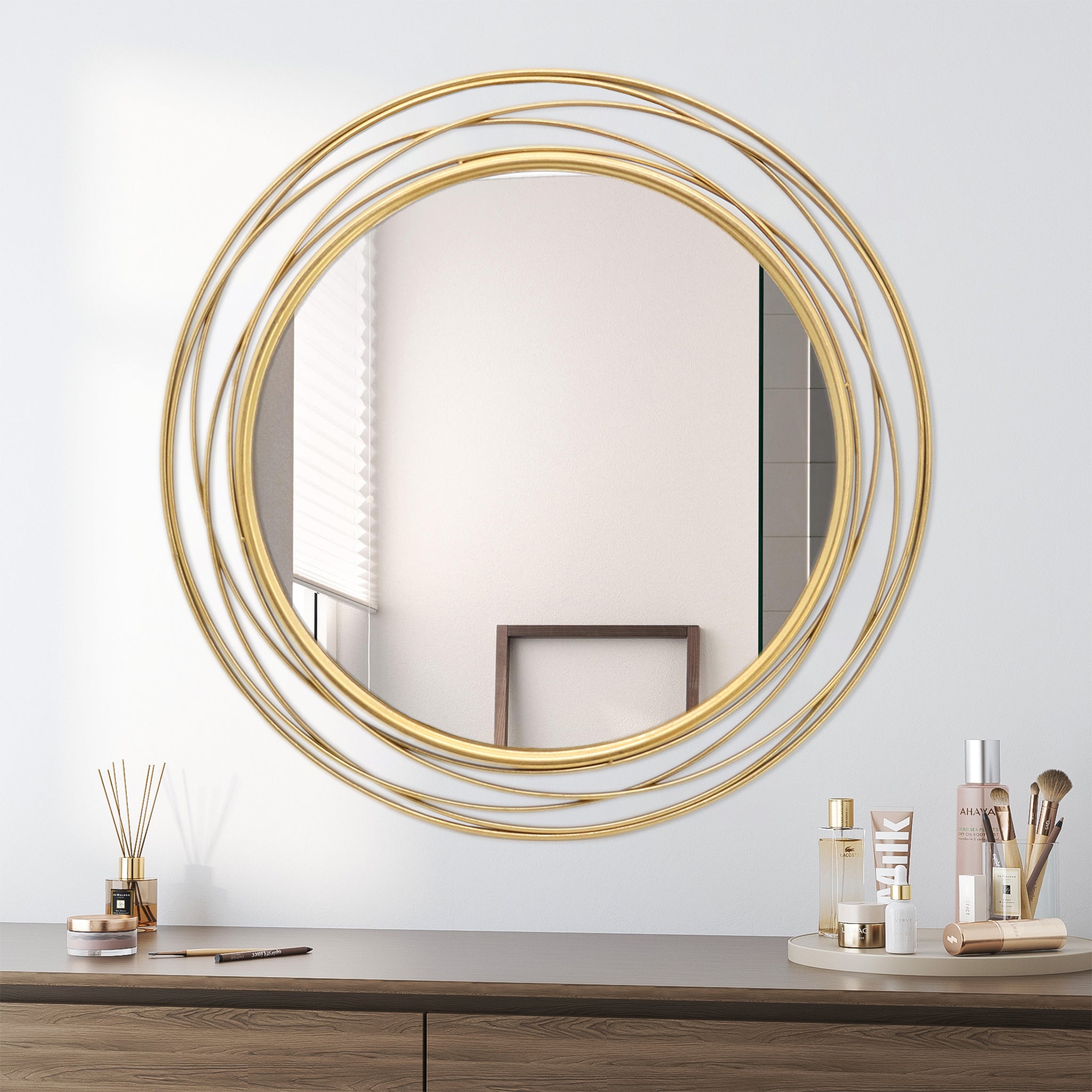 Gold Circle Mirror with Metal Wire Frame