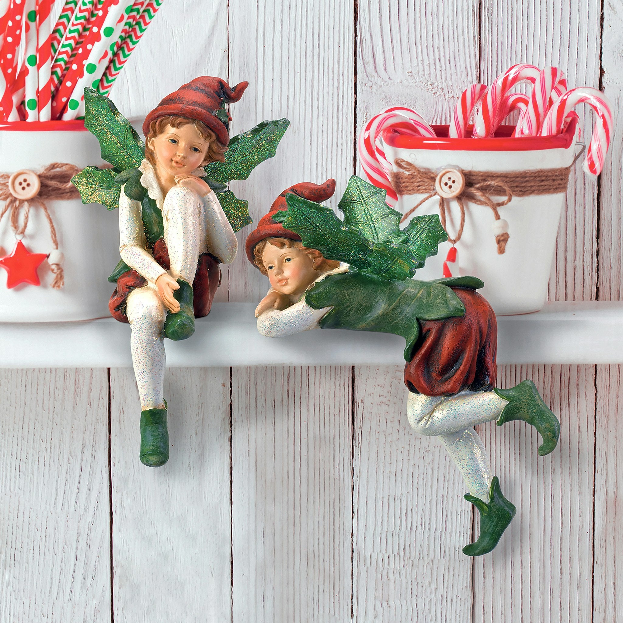 Santa's Christmas Elves Shelf Sitter Statues: Set of Two