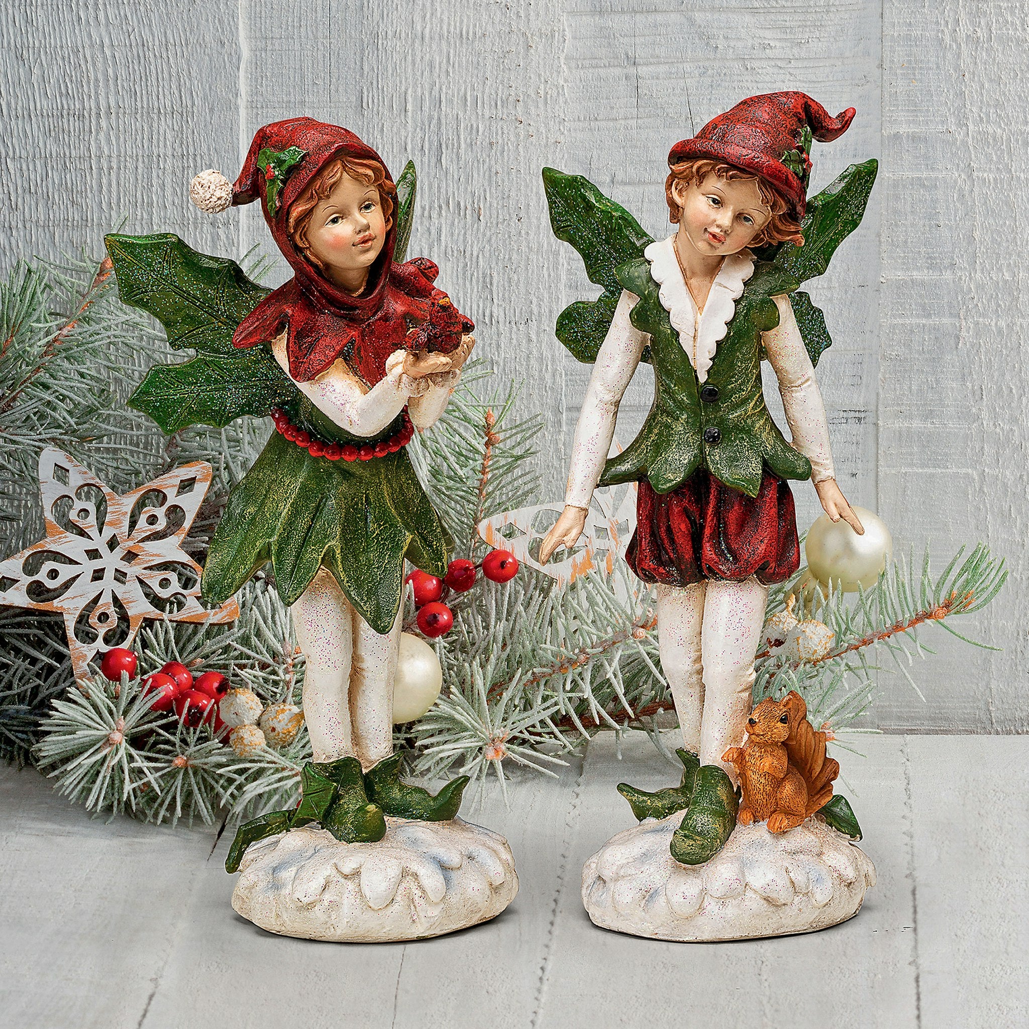 Santa's Victorian Holly Christmas Elves Statue Set of Two