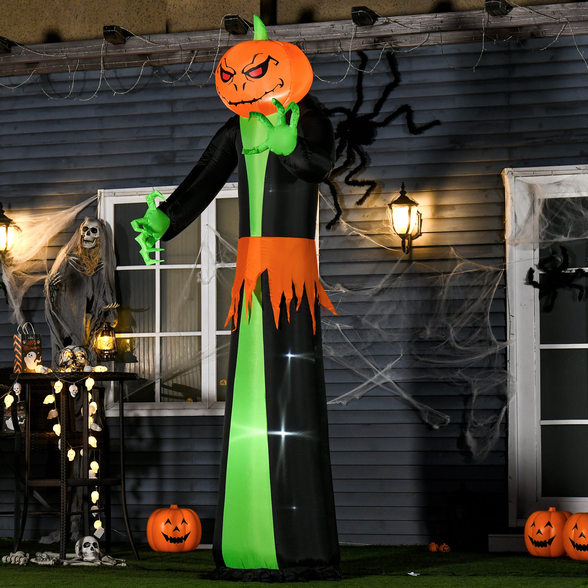 9' Halloween Inflatables Outdoor Decorations Pumpkin Head Ghost, Blow Up LED Yard Decor-Waterproof