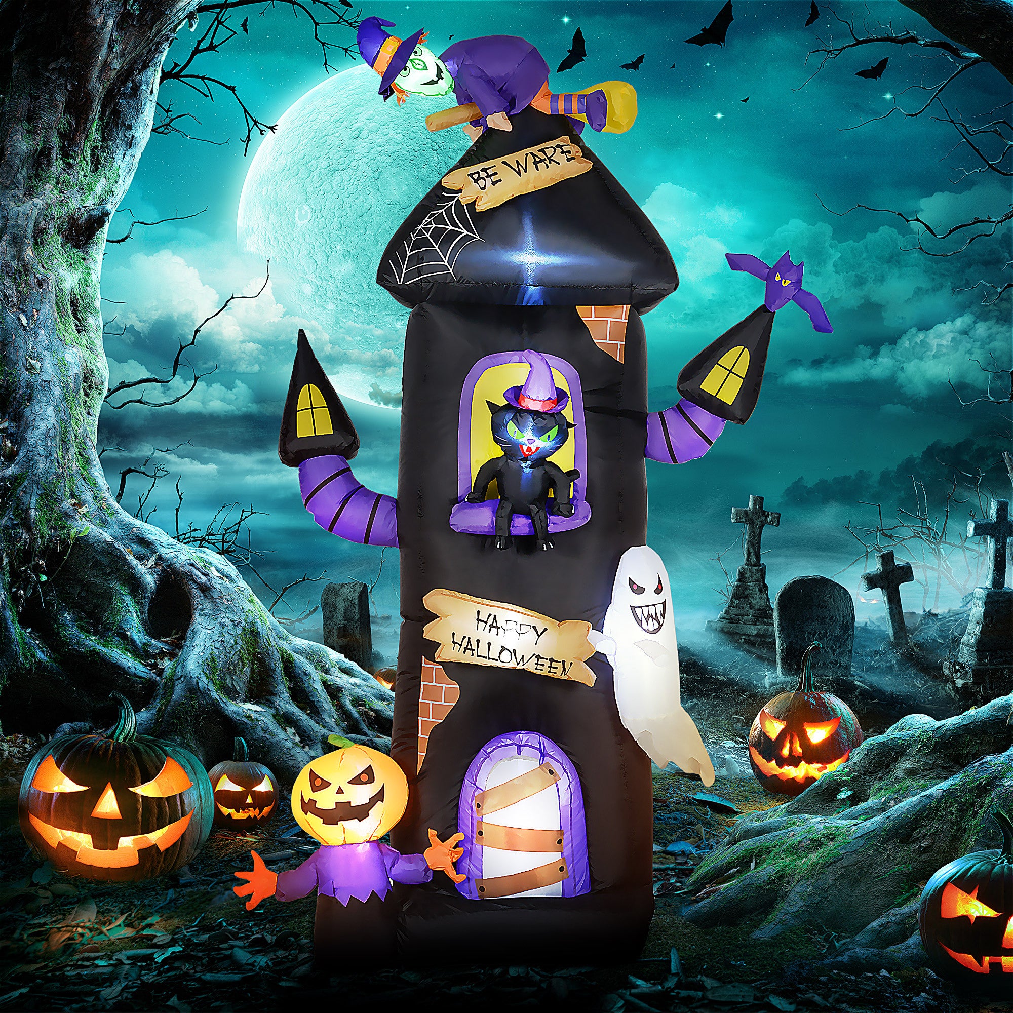 8.5ft Halloween Inflatables Horror Tree House with Witch, Black Cat, Ghost and Pumpkin Man, Blow Up Halloween Decorations Outdoor LED Yard Display, Waterproof