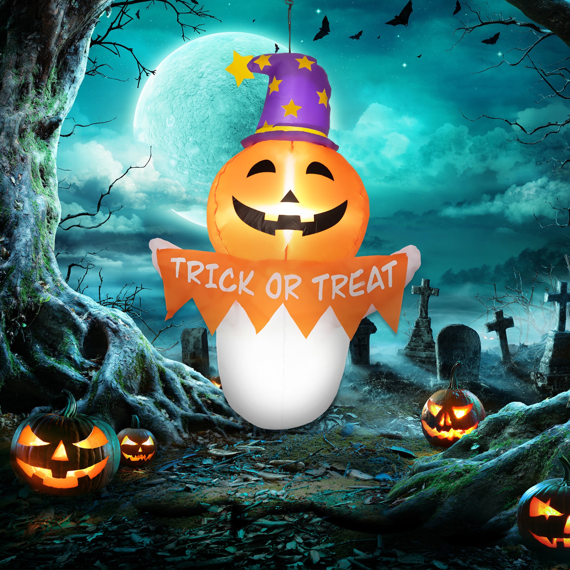 3.4ft Halloween Inflatables Window Sticker Ghost with Orange Face, Blow Up Halloween Decorations Outdoor LED Yard Display, Waterproof