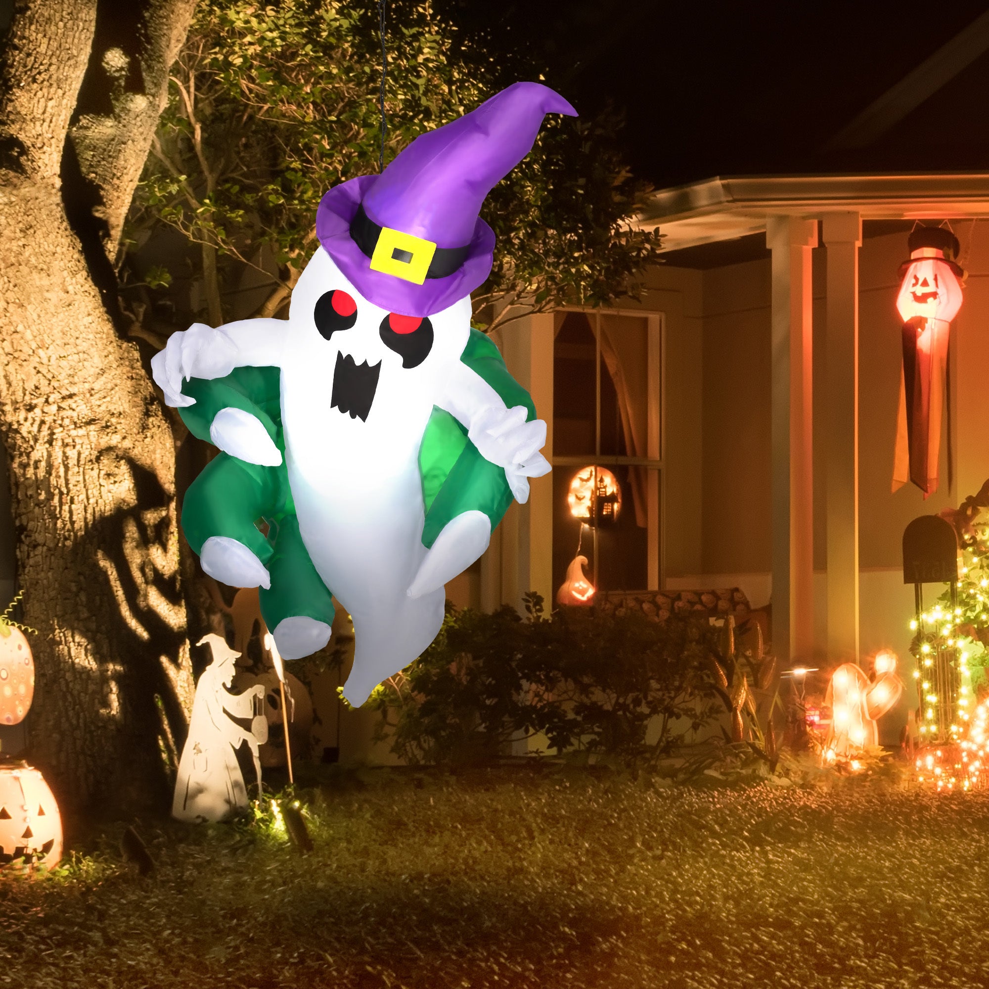 4ft Inflatable Halloween Decoration, Lighted Window Sticker Ghost in Hat, Blow Up Outdoor LED Yard Display, Waterproof