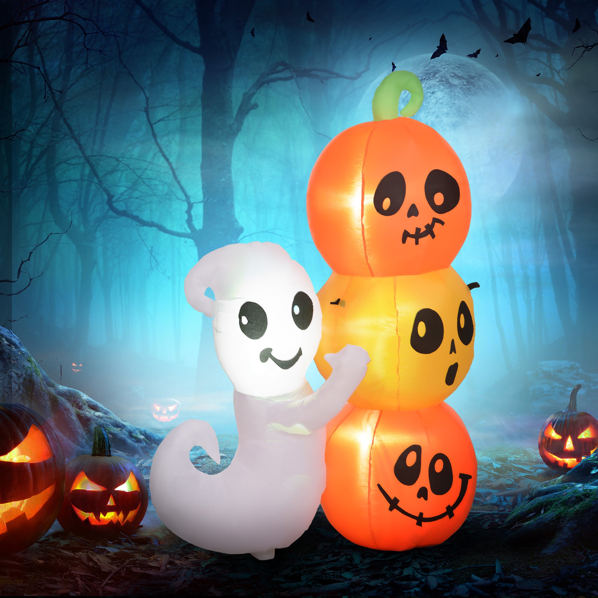 5ft Inflatable Halloween Decoration Ghost and Pumpkin, Blow Up Outdoor LED Yard Display, Waterproof