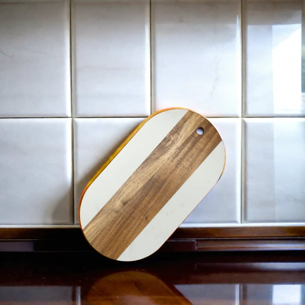 White Marble and Acacia Wood Oval Board