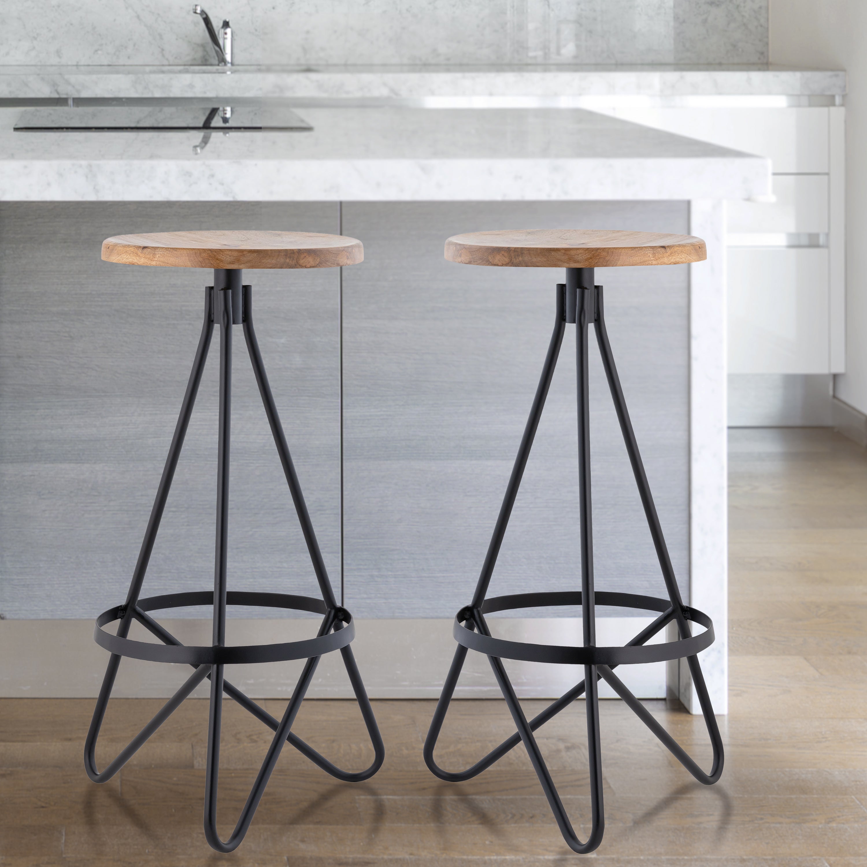 Spiroa Modern Industrial Metal/Wood Backless Circular Bar Stool