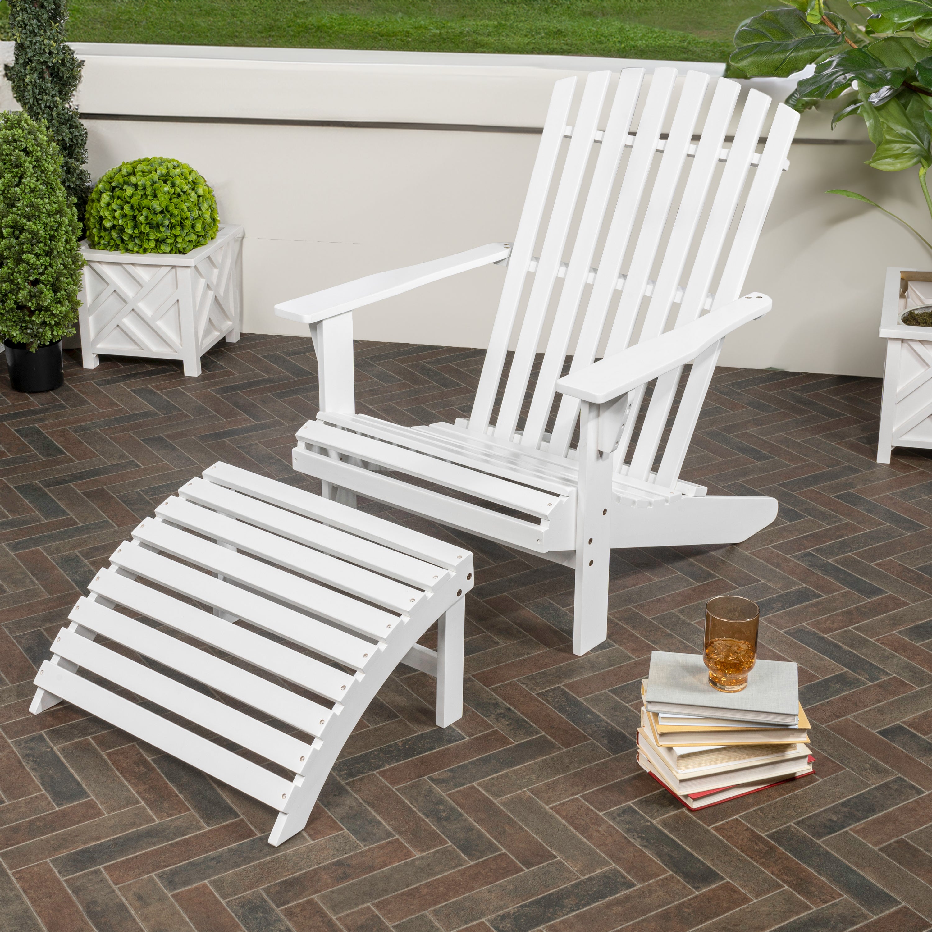 Saranac 2-Piece Traditional Rustic Acacia Wood Adirondack Chair with Detachable Ottoman