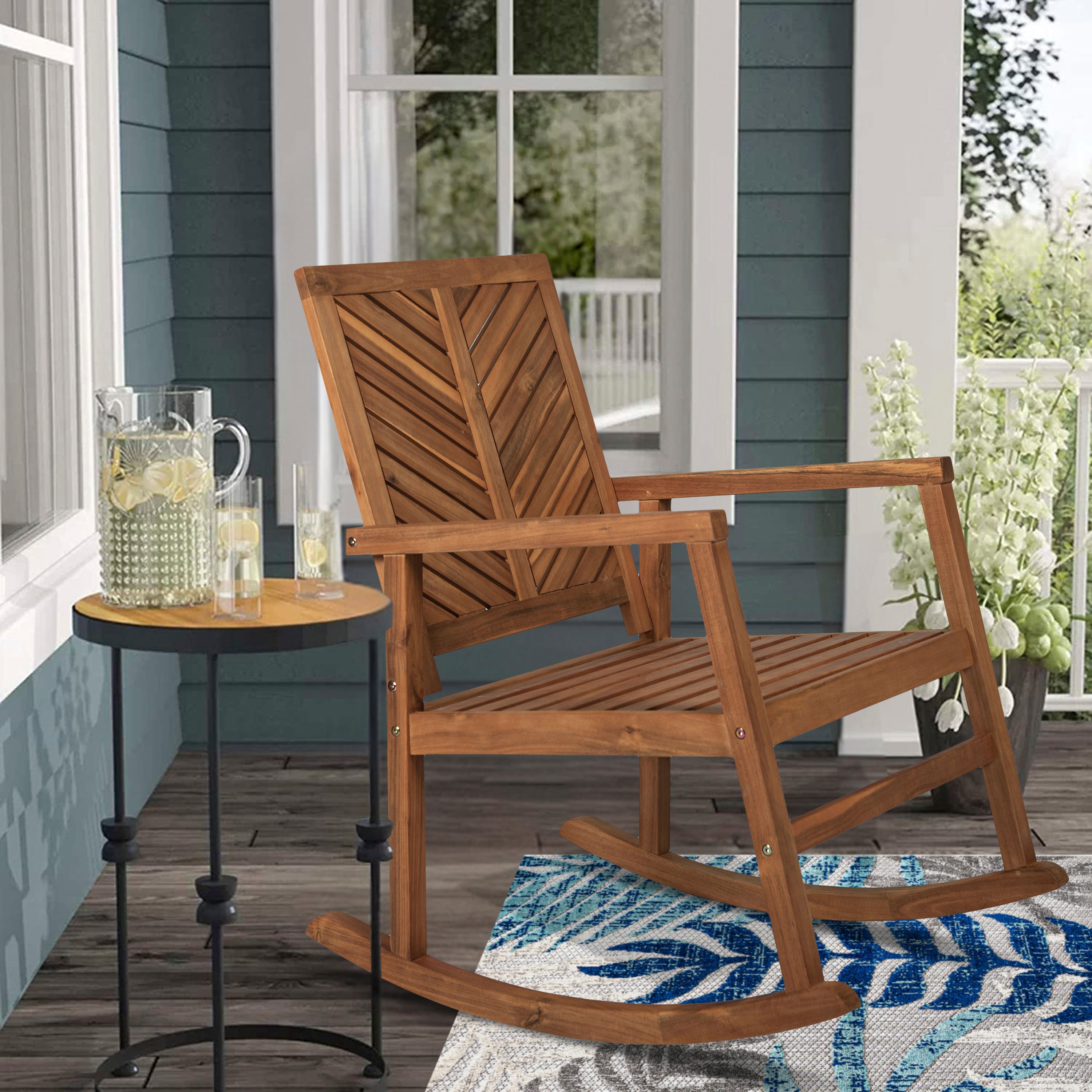 Ned Modern Chevron-Back Support Acacia Wood Patio Outdoor Rocking Chair