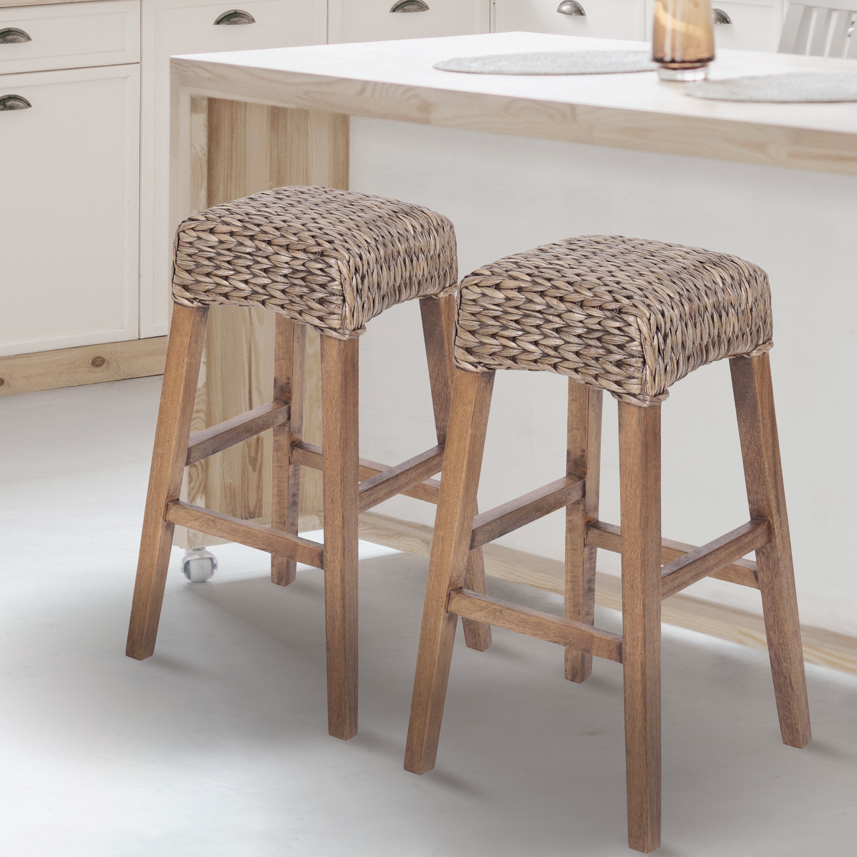 Maui Rustic Bohemian Hyacinth/Wood Backless Bar Stool