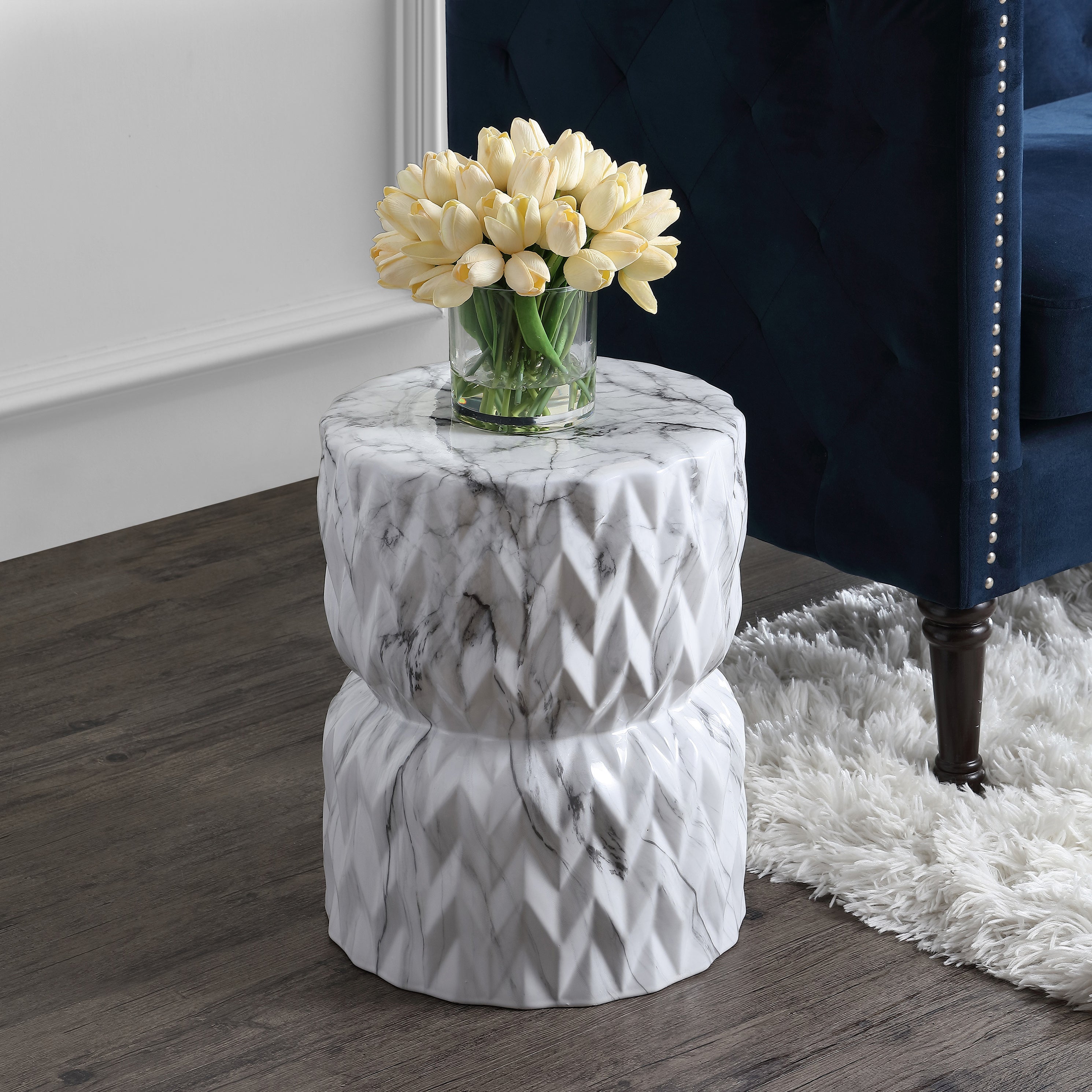 Chevron White Marble Finish Ceramic Garden Stool