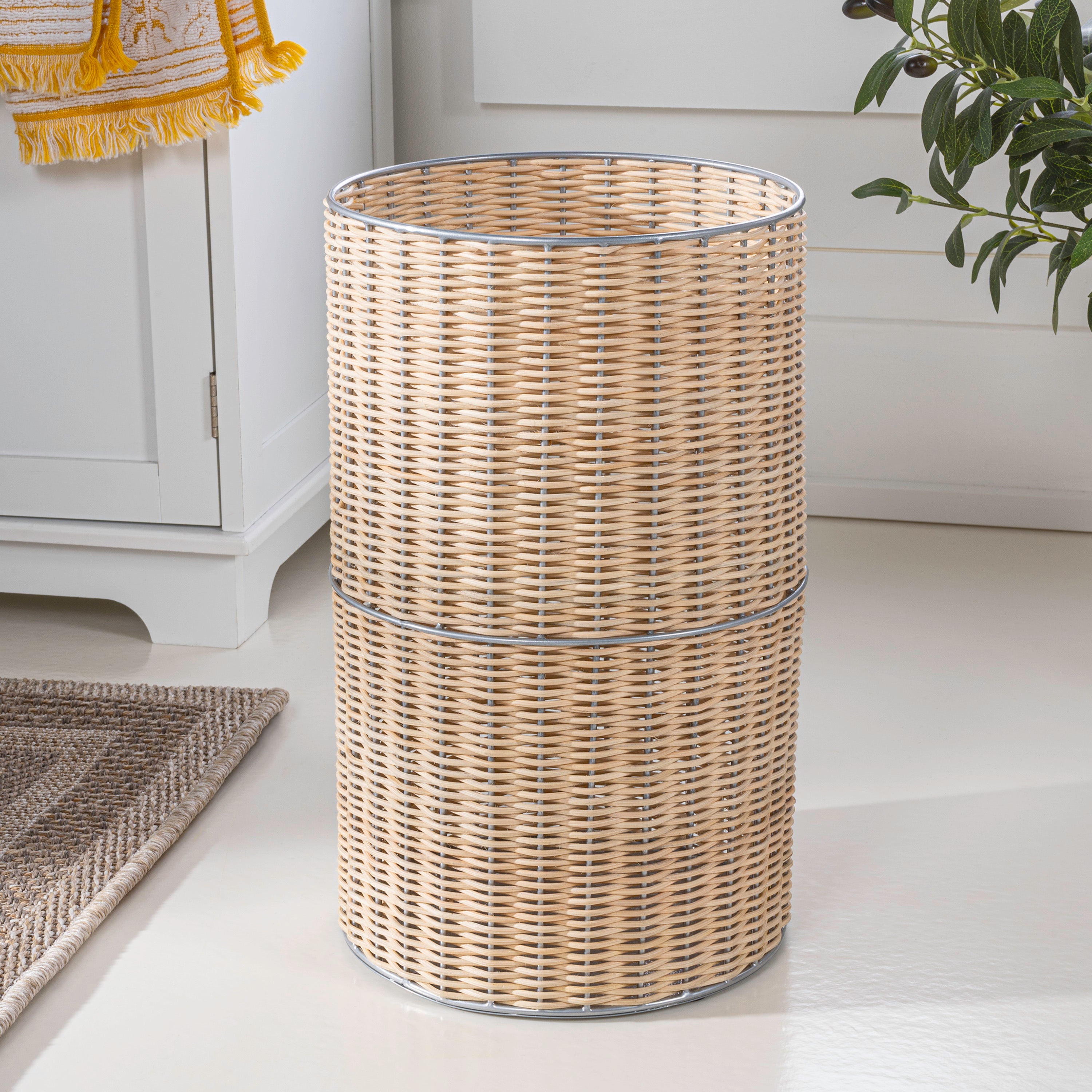 Cecil Modern Faux Wicker Cylinder Waste Basket