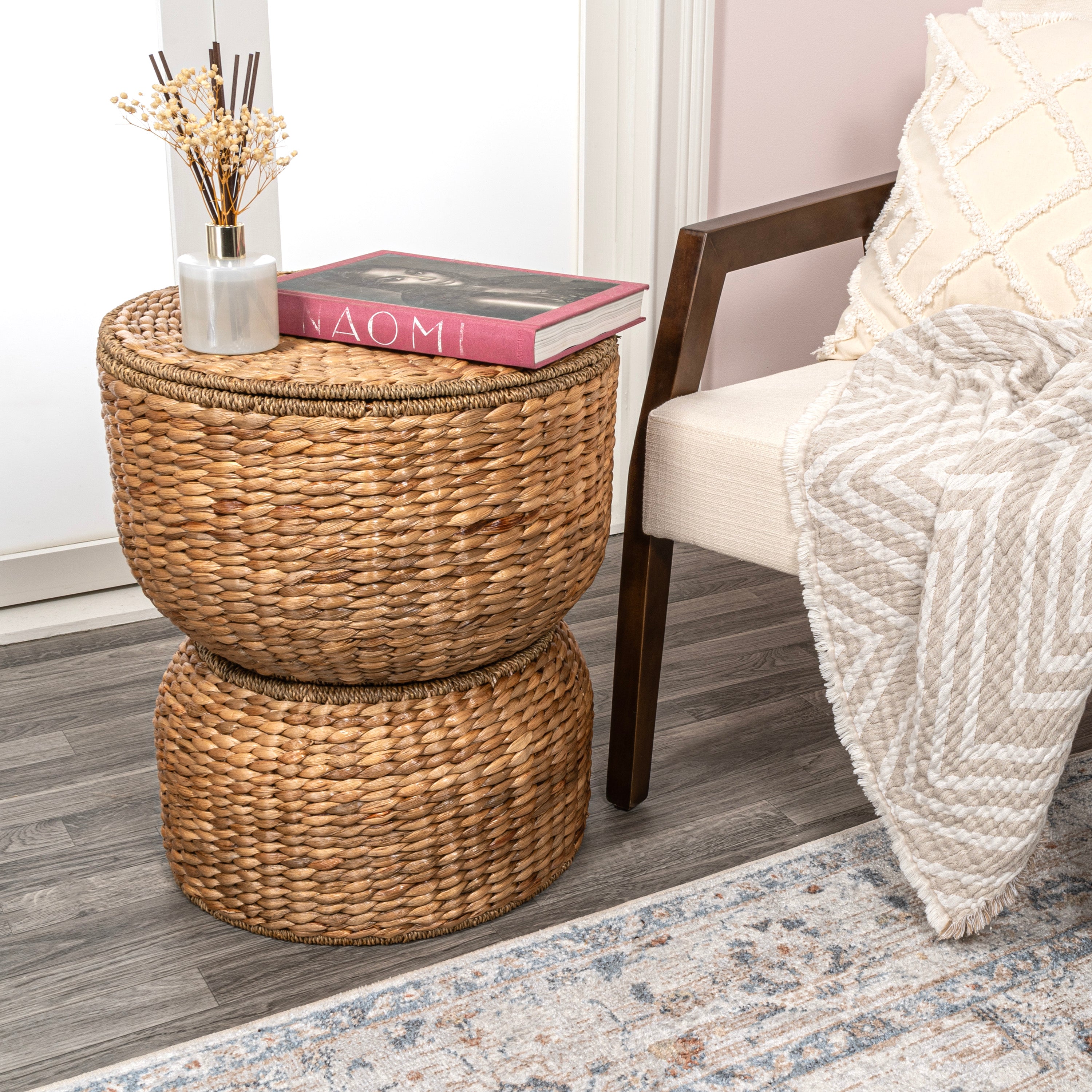 Bhola Hourglass Handwoven Hyacinth Storage Accent Table with Lid