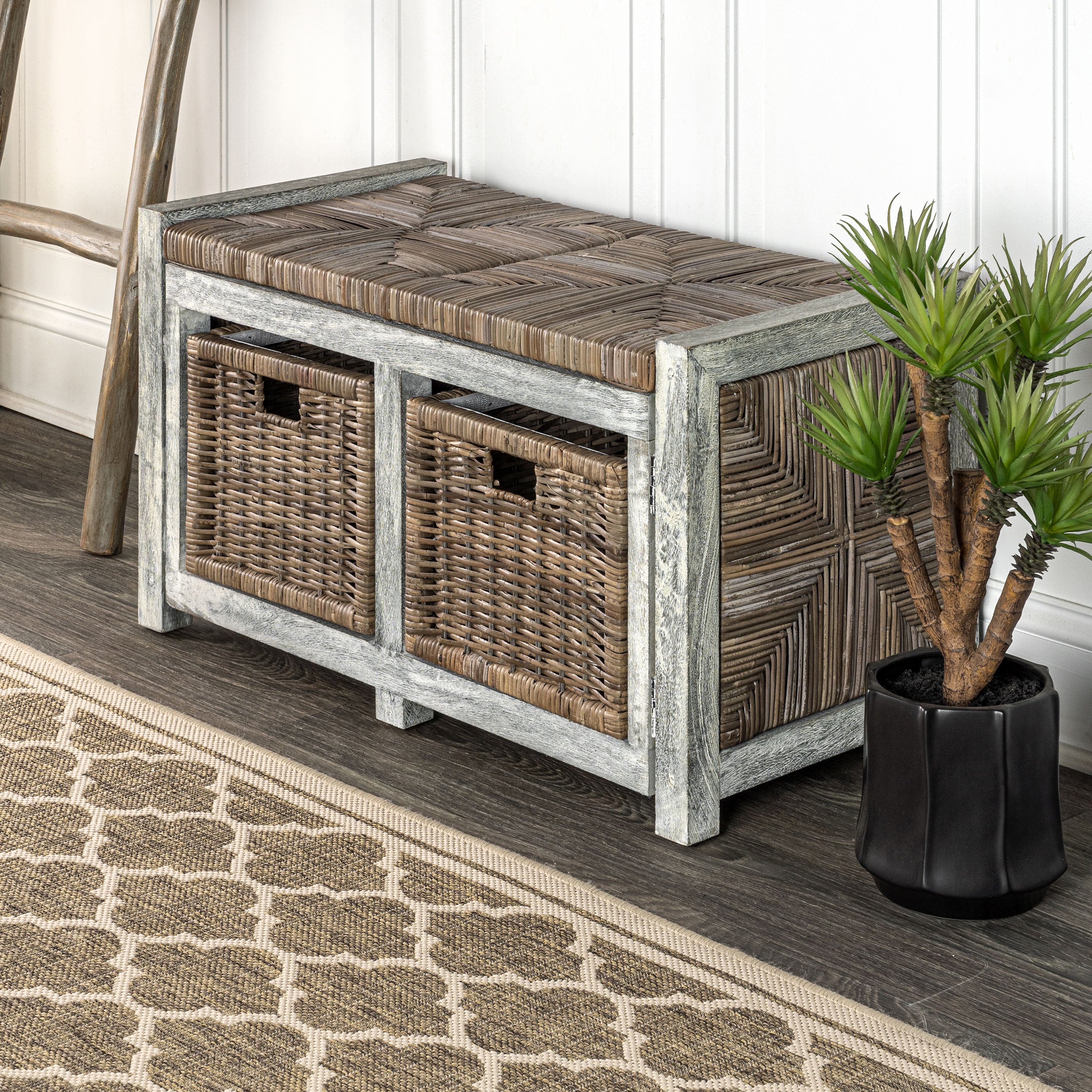 Rustic 2 Drawer Wicker Storage Bench