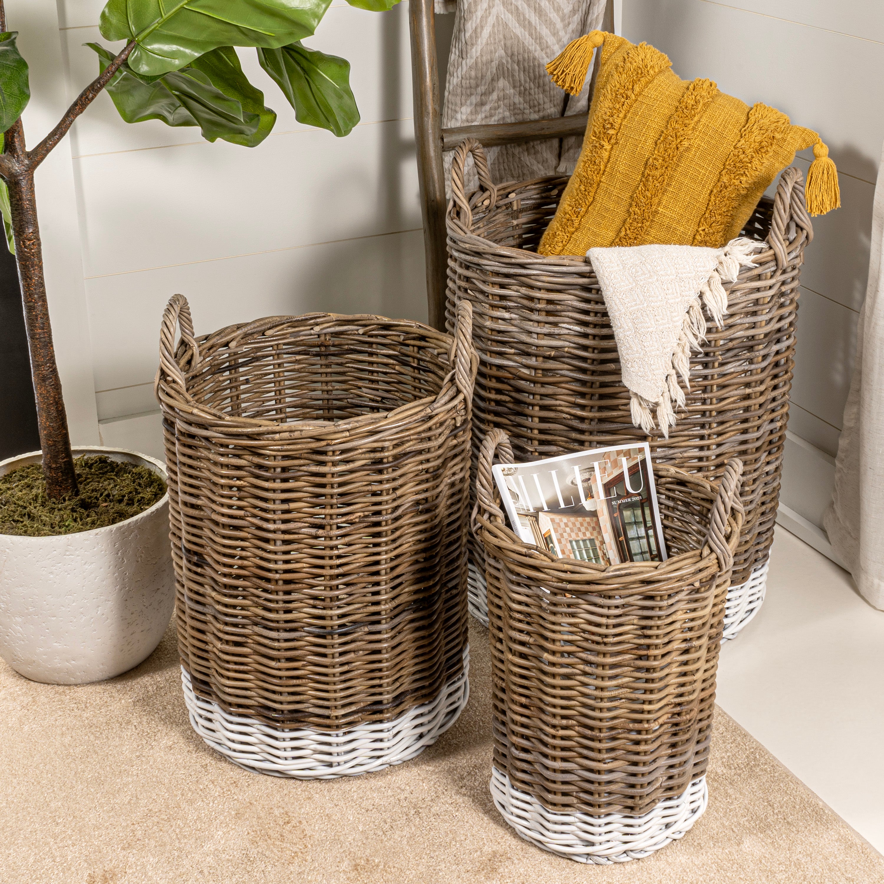 Ternion Cottage Hand-Woven Rattan Nesting Baskets with Handles