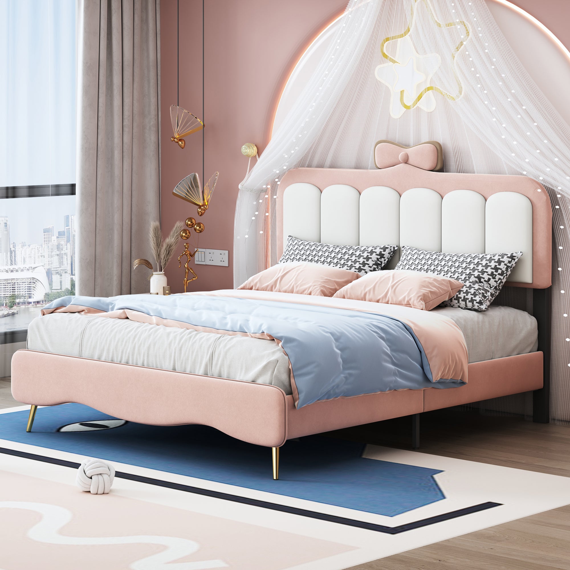 Full size Velvet Princess Bed With bow-knot Headboard,Full Size Platform Bed with Headboard and Footboard,White+Pink