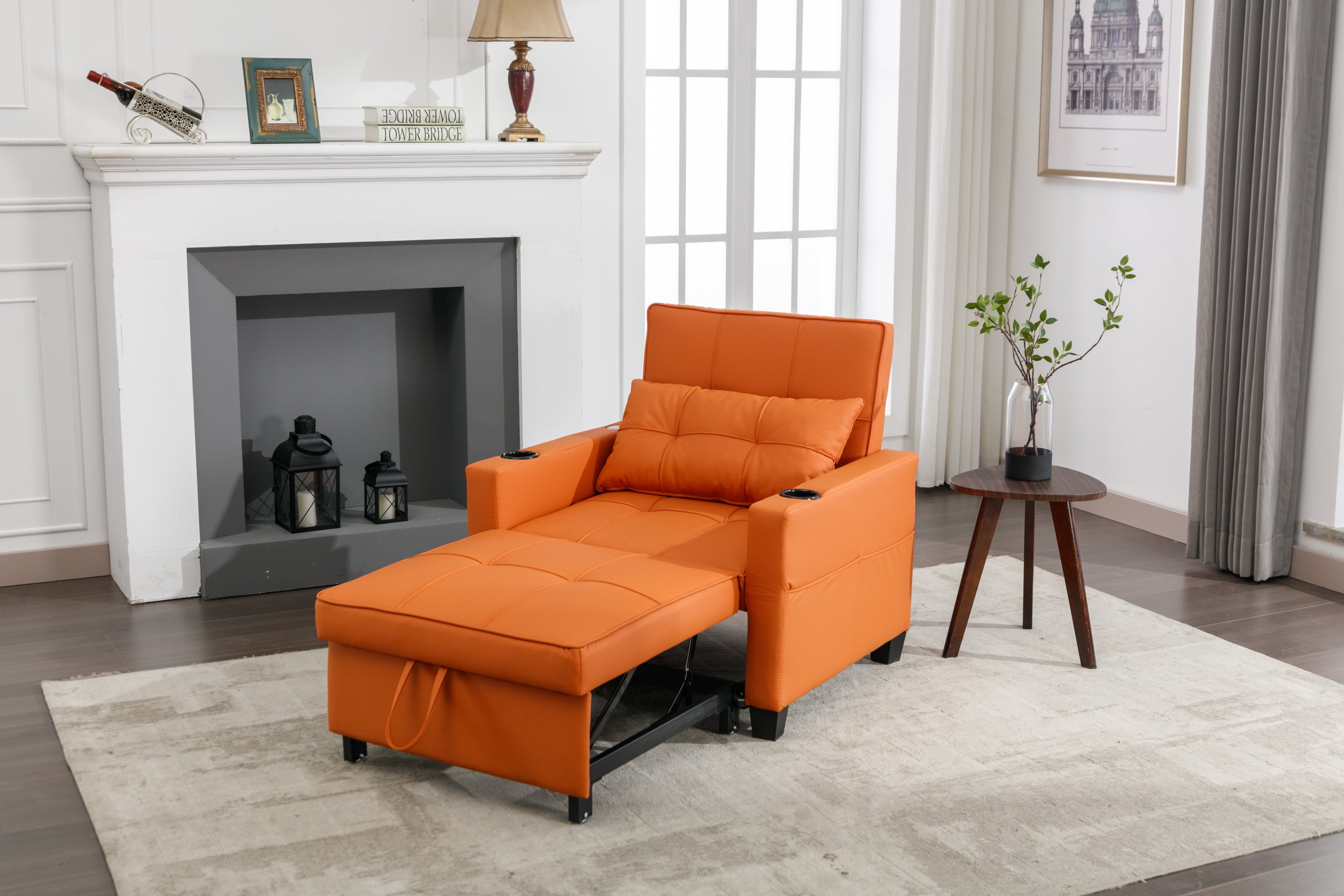 Convertible Chair 3-in-1 Pull Out Sleeper Chair Beds with USB Ports, Wear-resistant and Anti-scratch,  (Orange Leather)