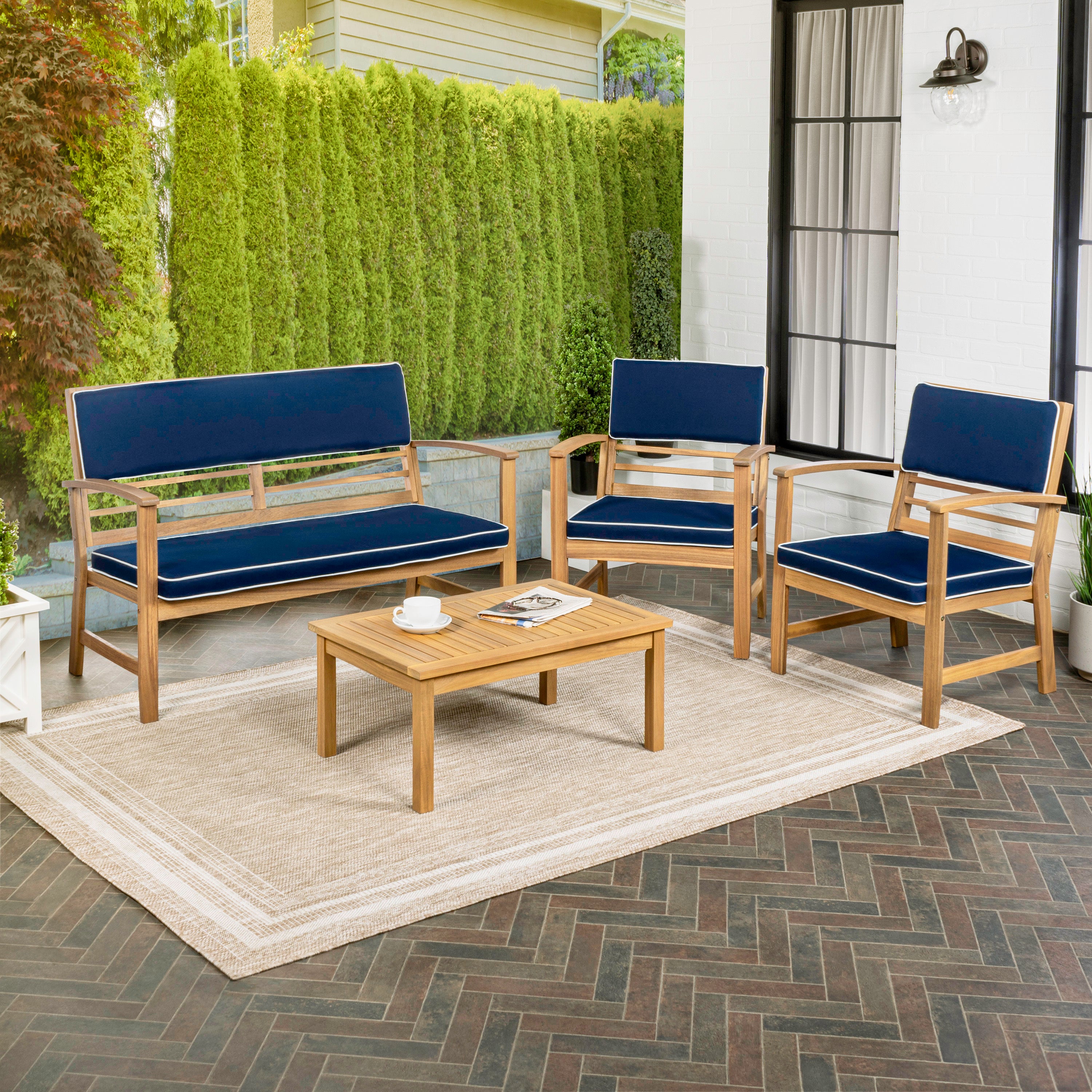 Barclay 4-Piece Modern Coastal Acacia Wood Conversation Outdoor Patio Set with Cushions