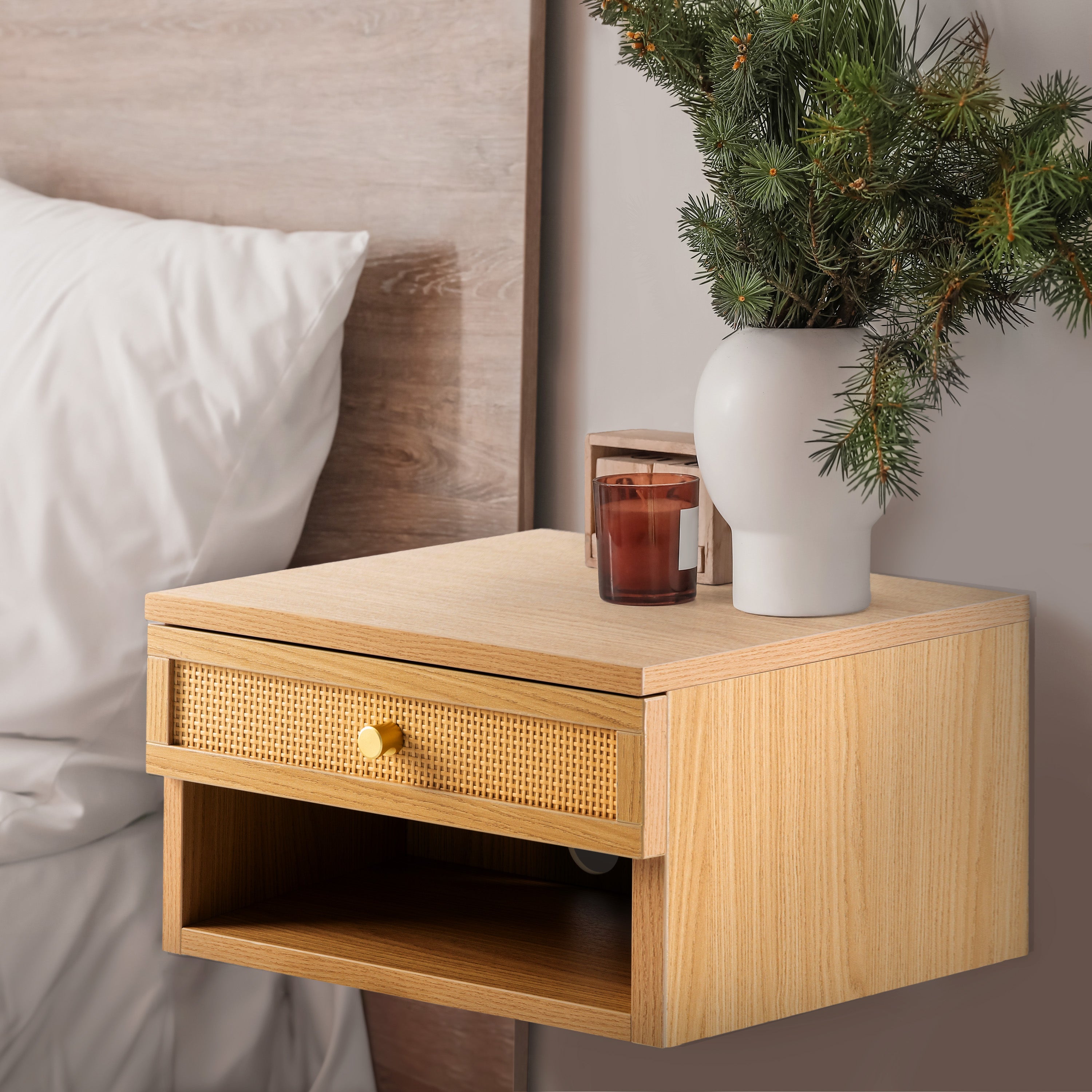 Celerie Mid-Century Modern Floating Wall Mounted Nightstand with Soft-Close Rattan Drawer and Cable Hole