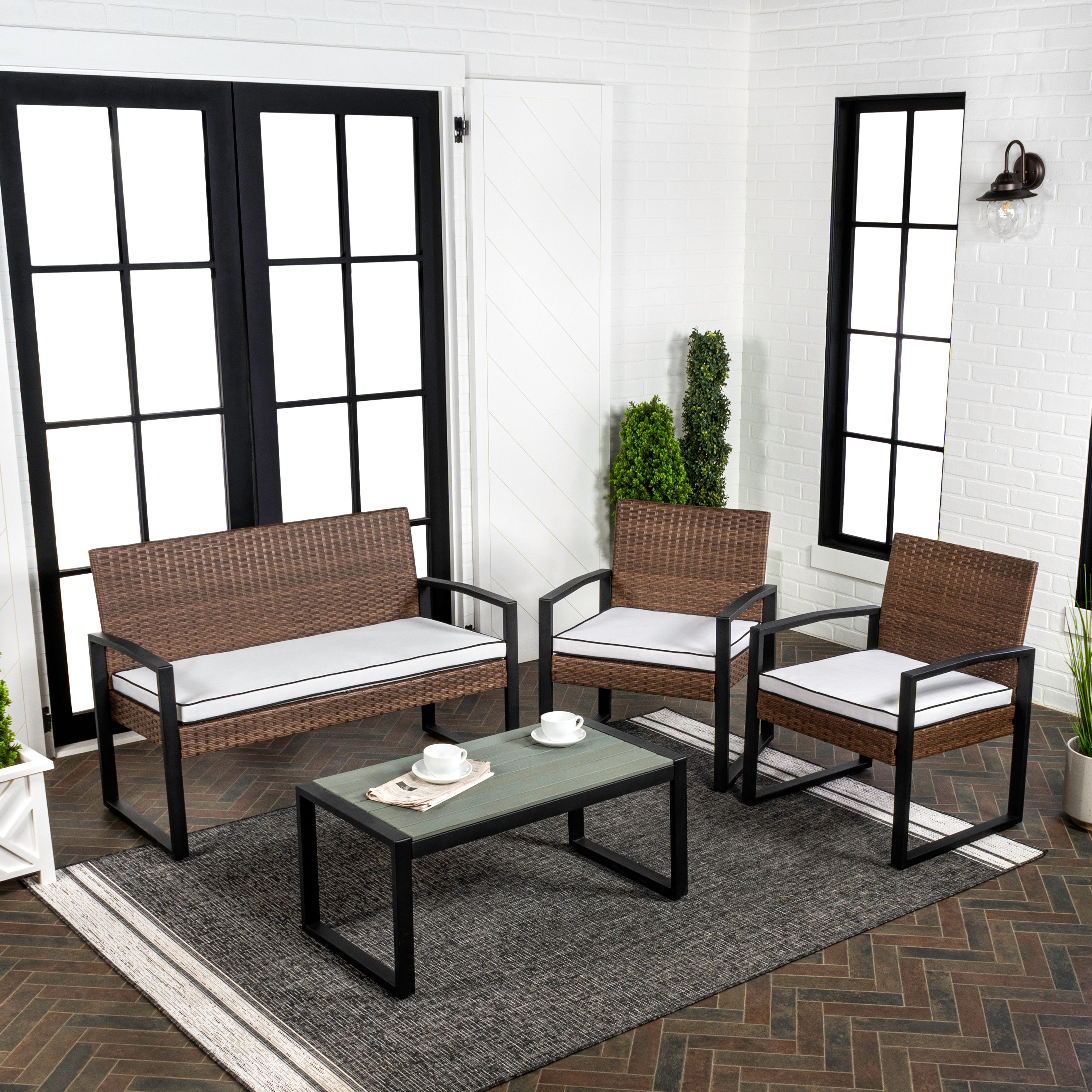 Elina 4-Piece Modern Coastal Faux Wicker Conversation Outdoor Patio Set