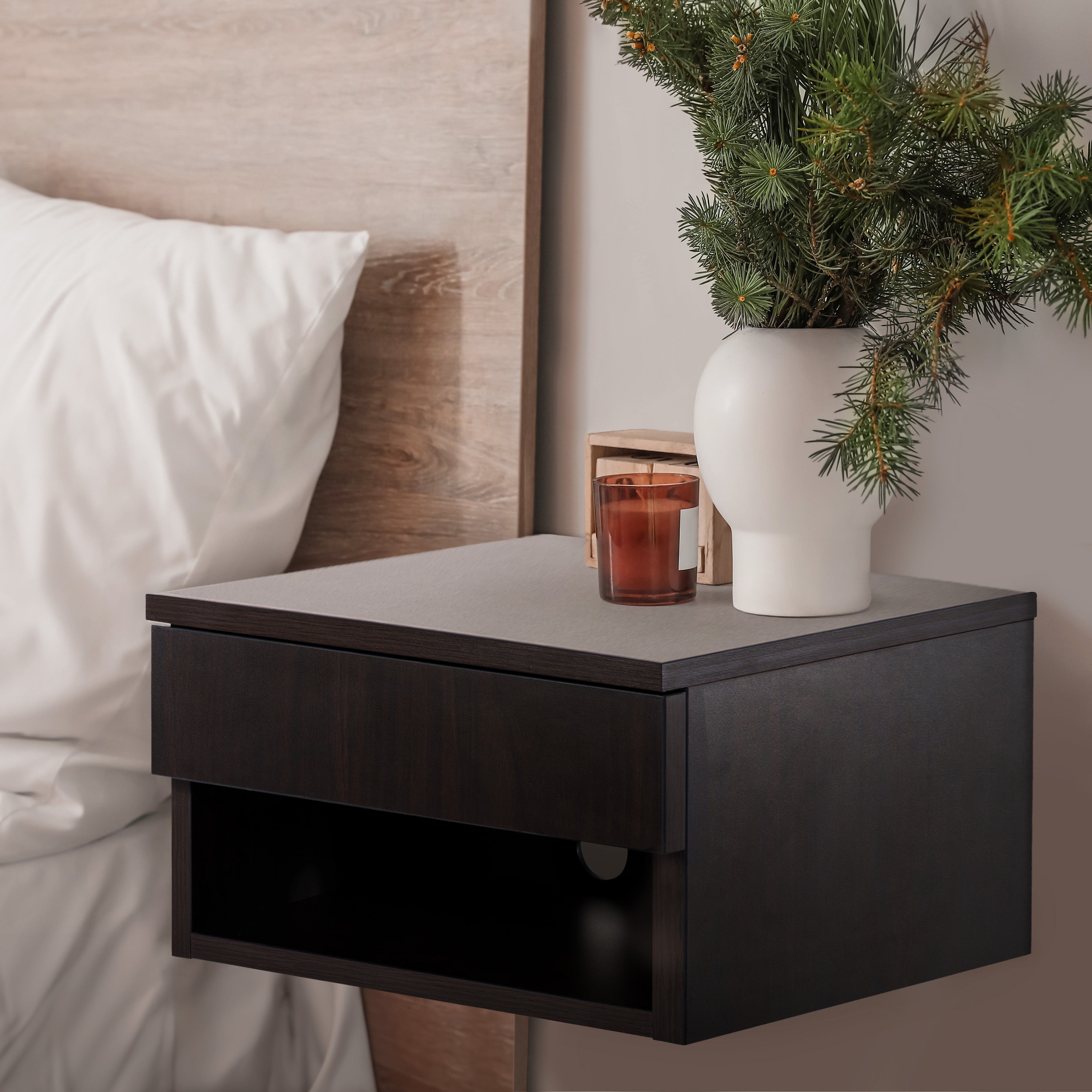 Ettore Mid-Century Modern Floating Wall Mounted Nightstand with Soft-Close Drawer and Cable Hole