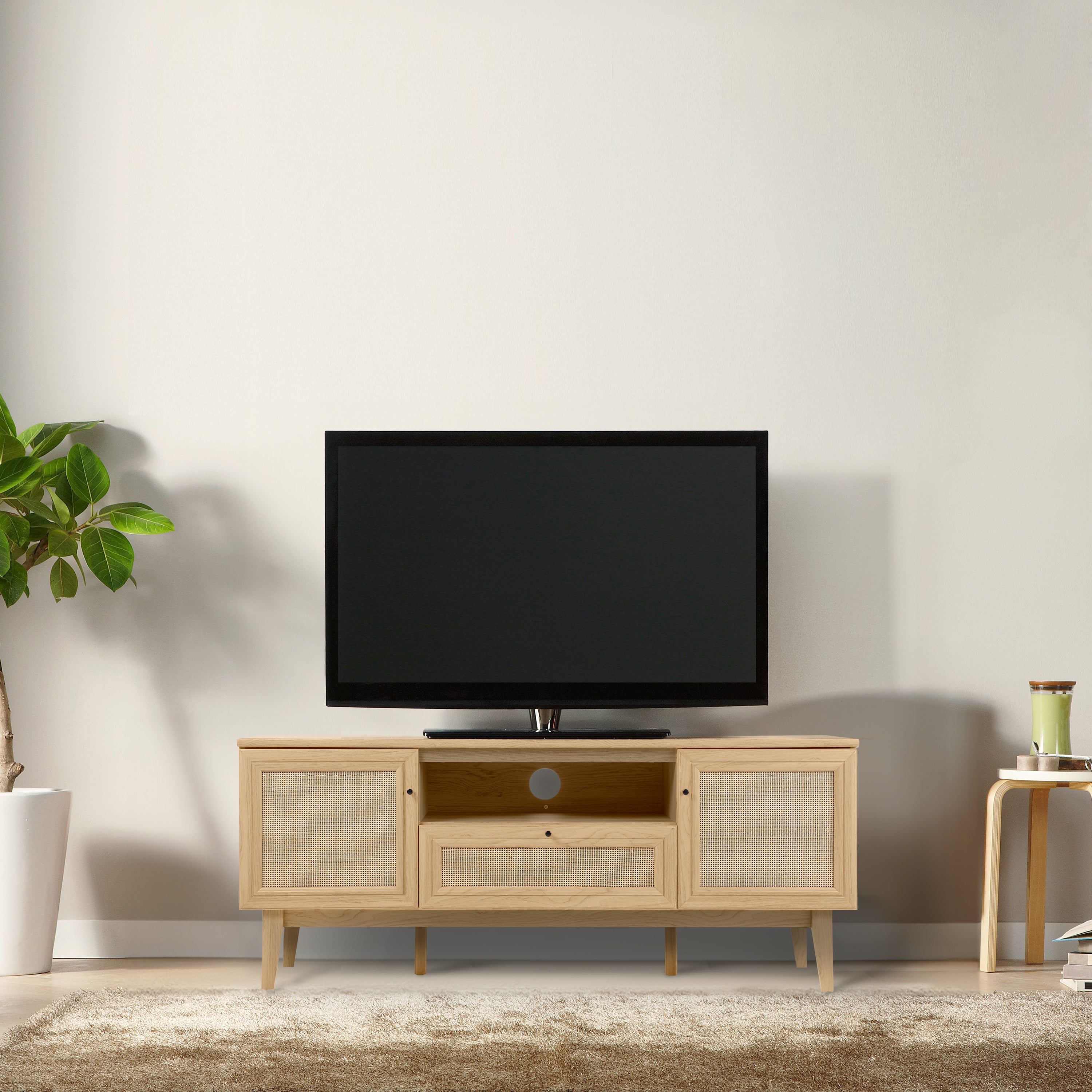 Finley Farmhouse Caned TV Stand with Drawer and Storage Doors Fits TVs up to 65 in. with Cable Management