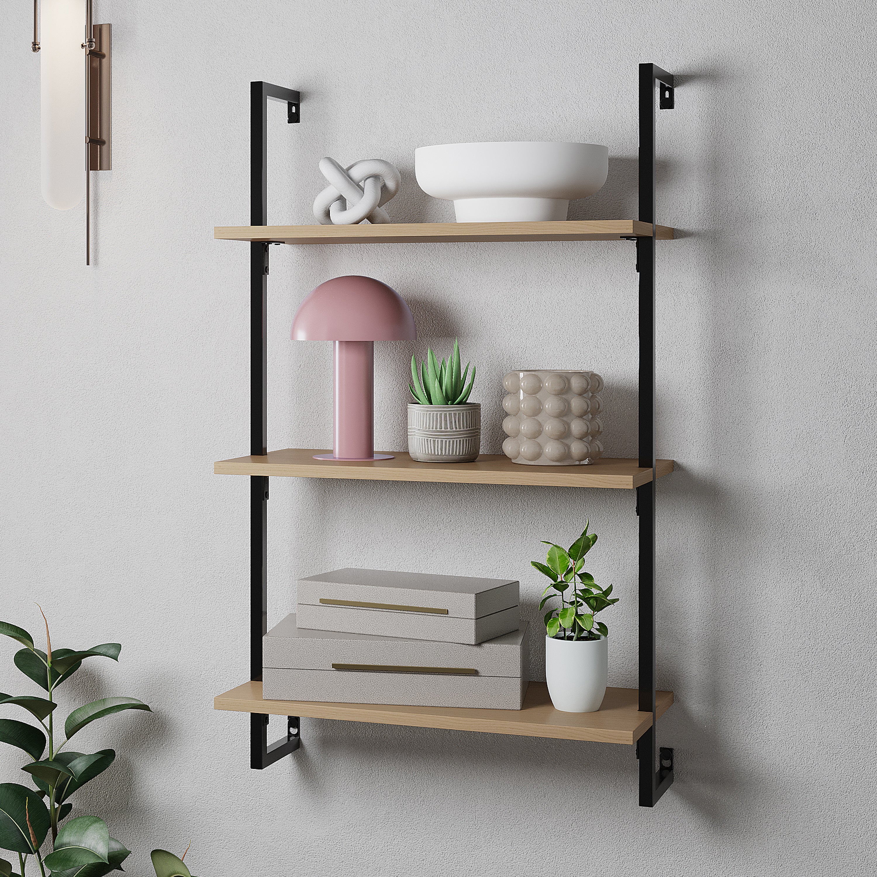 Madera Classic Industrial 3-Shelf Wood Wall-Mounted Open Ladder Bookcase with Metal Frame