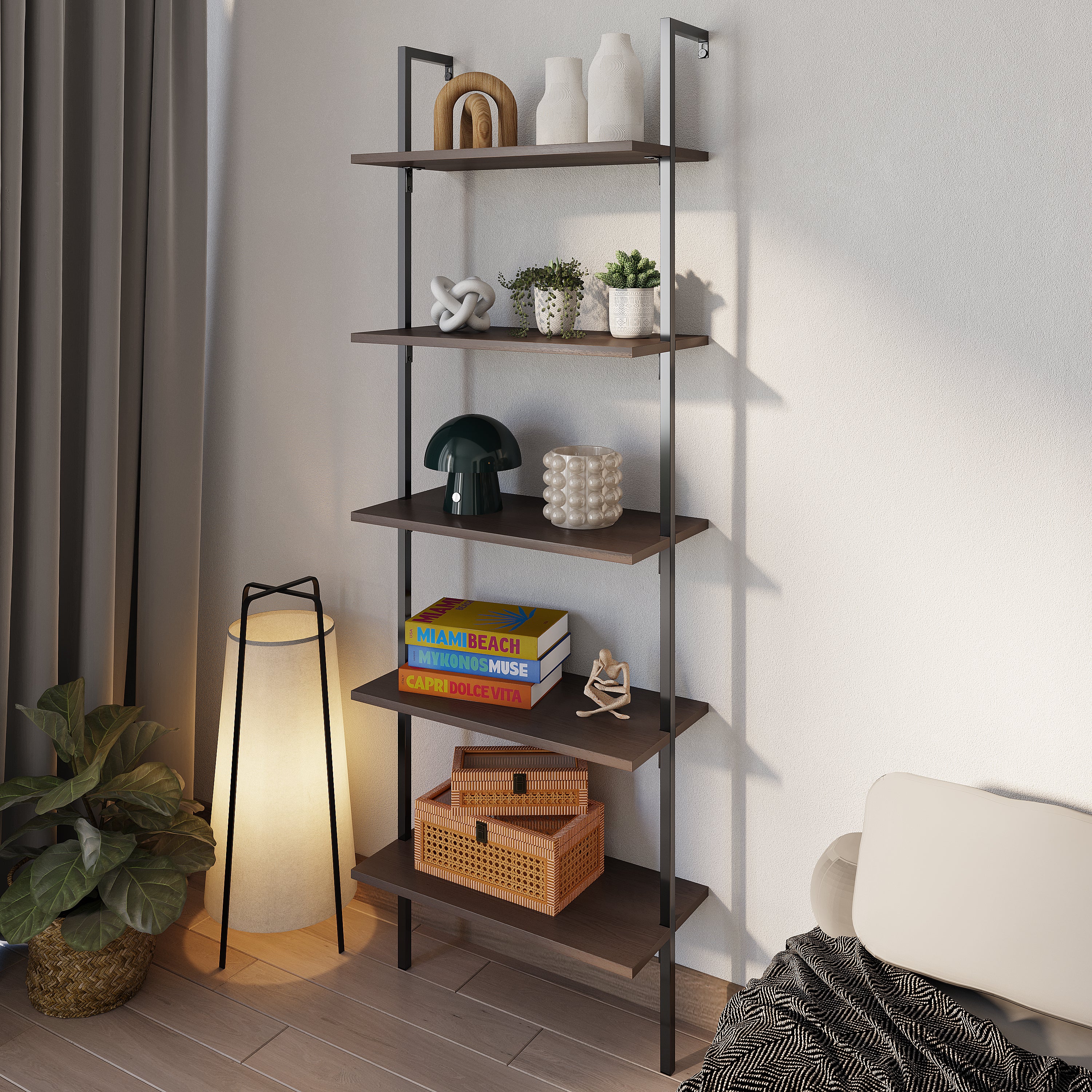 Madera Classic Industrial 5-Shelf Wood Wall-Mounted Open Ladder Bookcase with Metal Frame