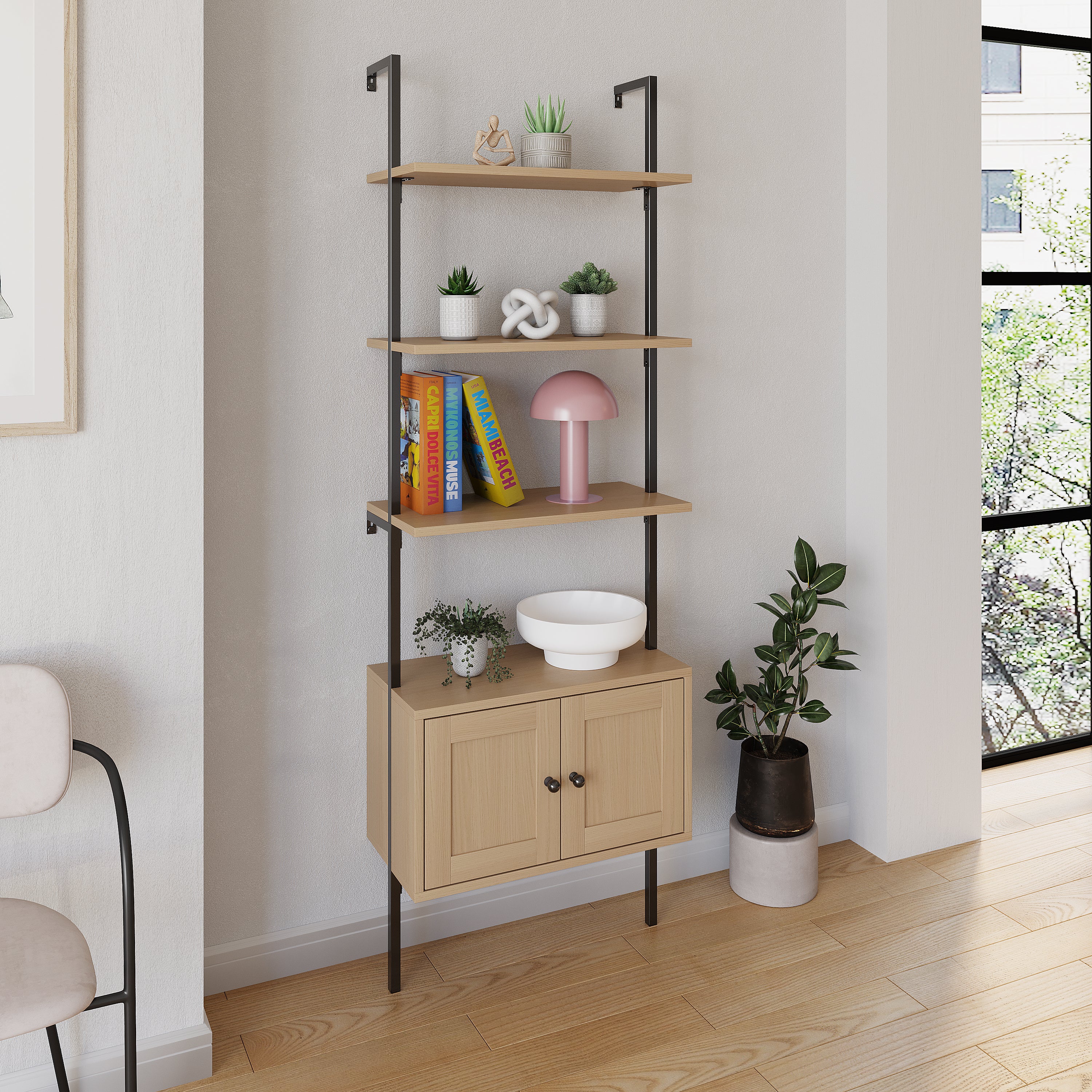 Tulare MidCentury Industrial 4-Shelf Wood Wall-Mounted Open Ladder Bookcase with Cabinet and Metal Frame