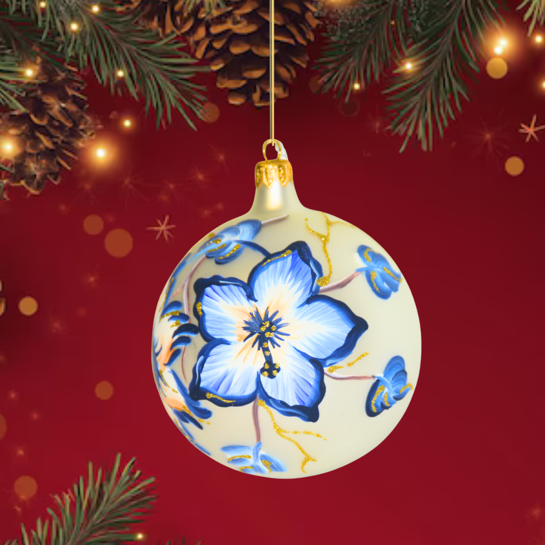 4"" Hand Painted Italian Import Christmas Ornament- Beautiful Blue Holiday Flowers