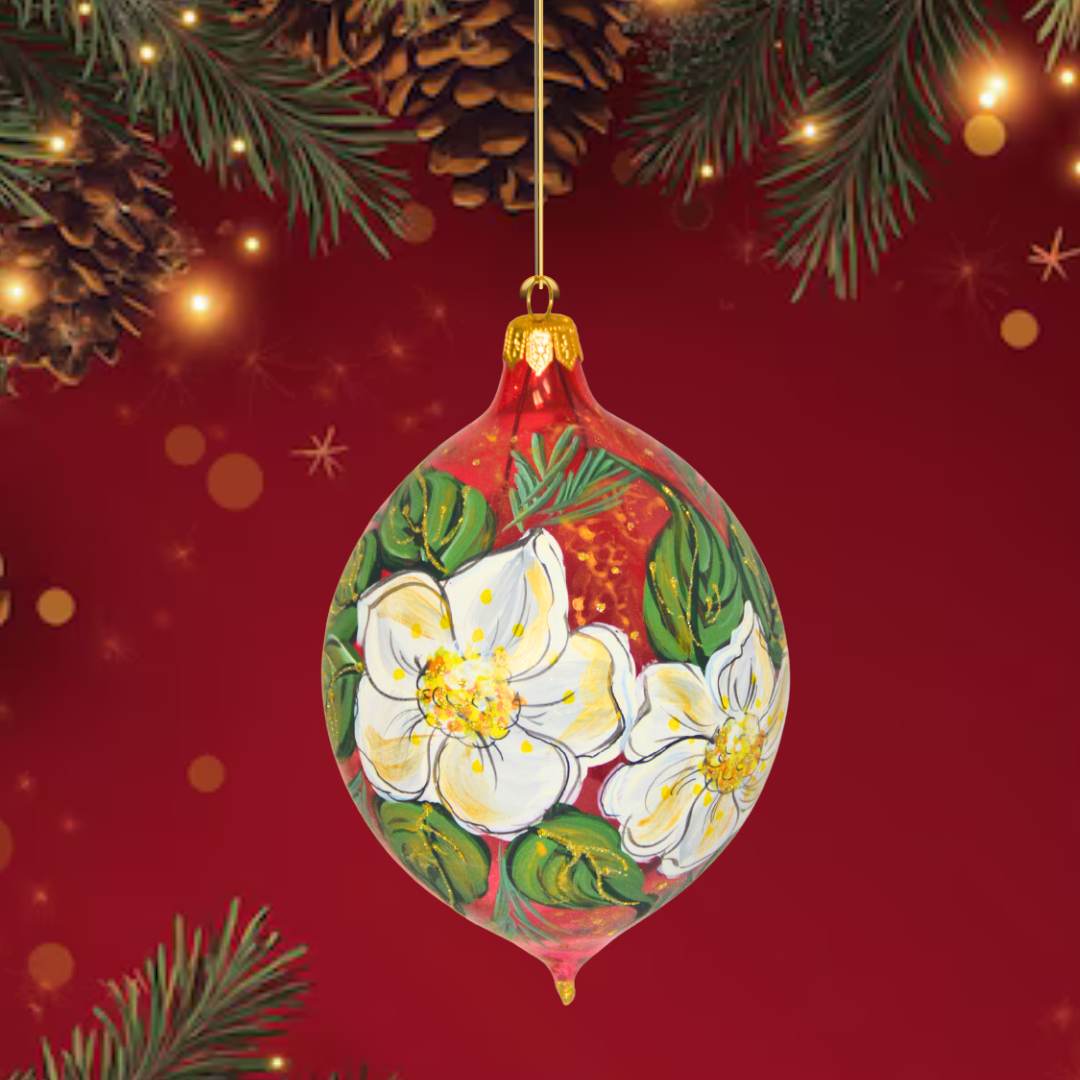 4"" Hand Painted Italian Import Christmas Ornament- Festive White Holiday Flowers