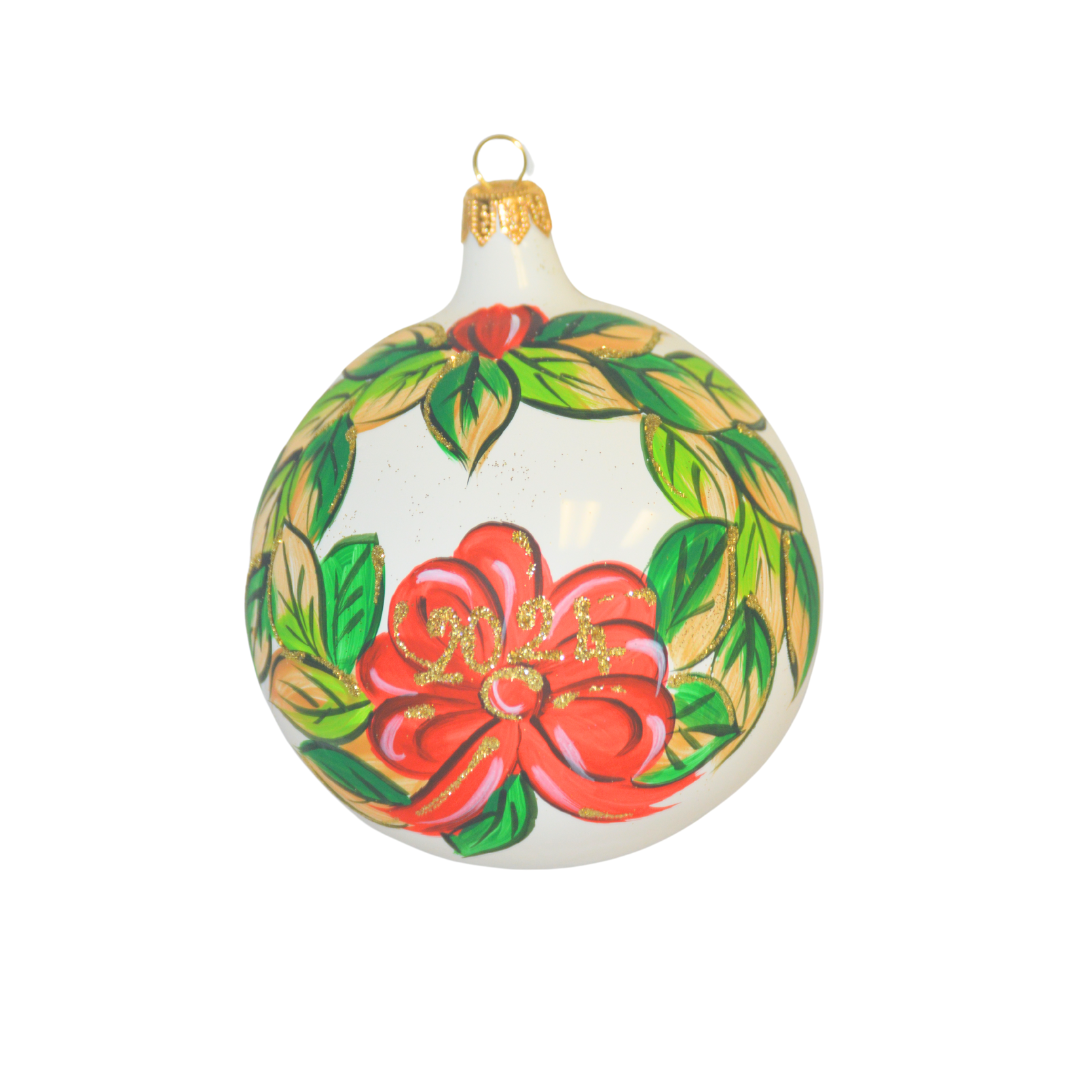 4"" Hand Painted Italian Import Christmas Ornament-Red Poinsettias with Merry Christmas 2024