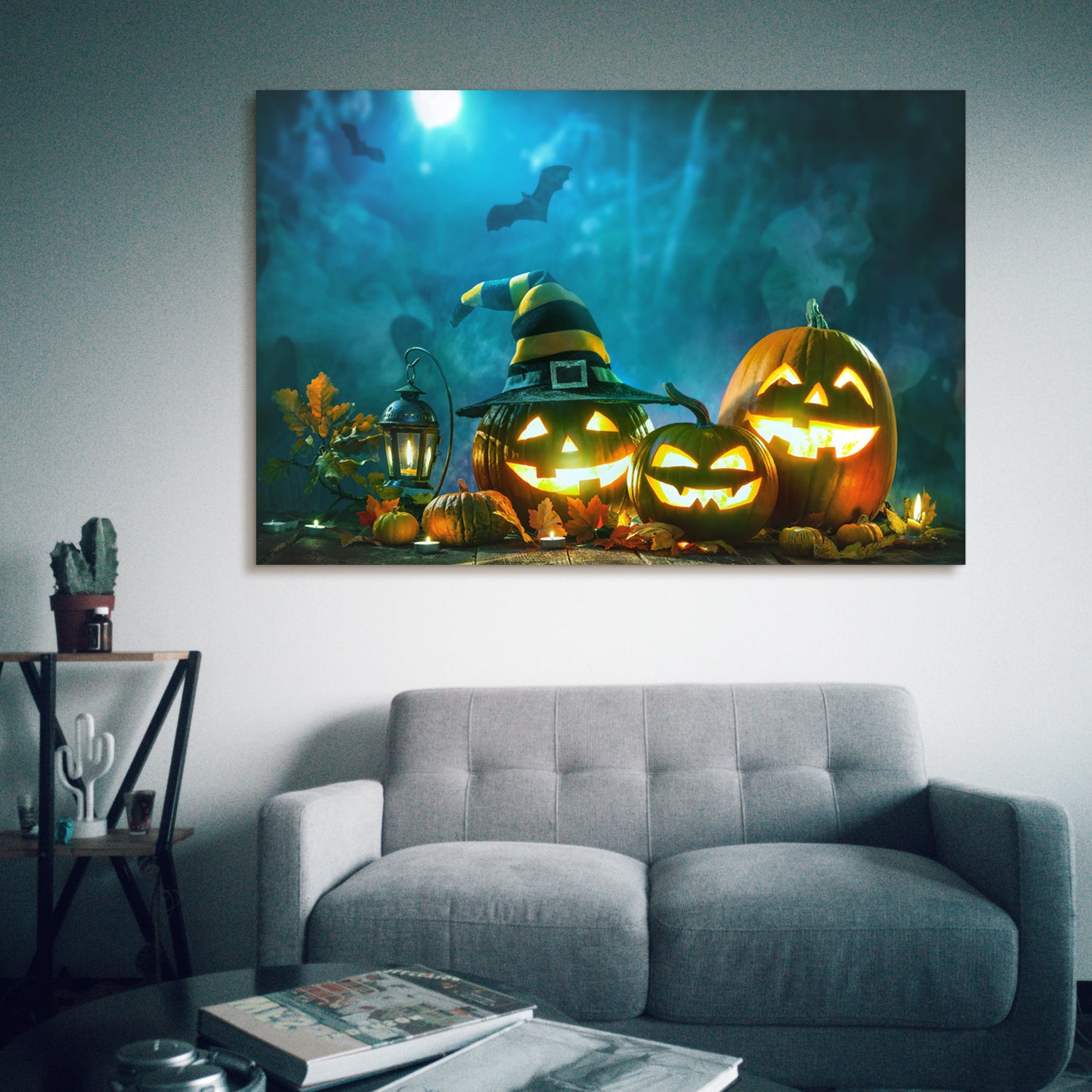 Framed Canvas Wall Art , Jack-o-lanterns with Wizard Hat (4 FT)