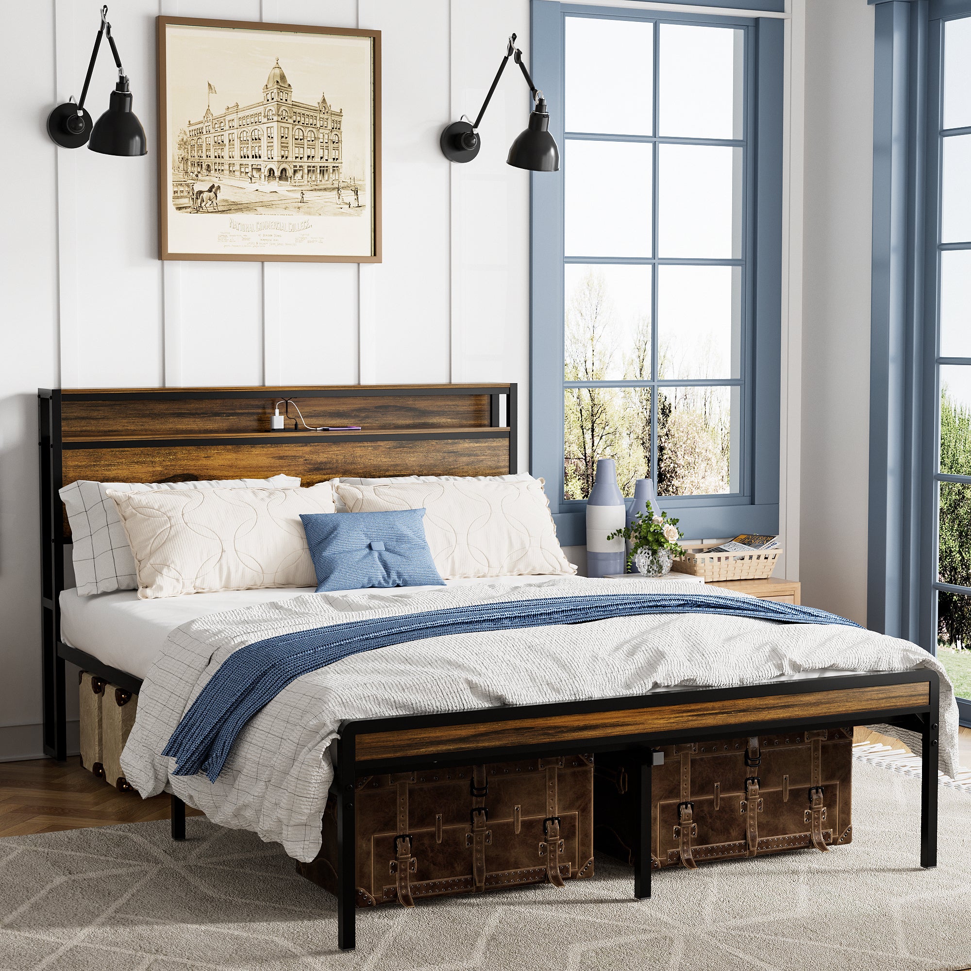 Queen Size Bed Frame, Storage Headboard