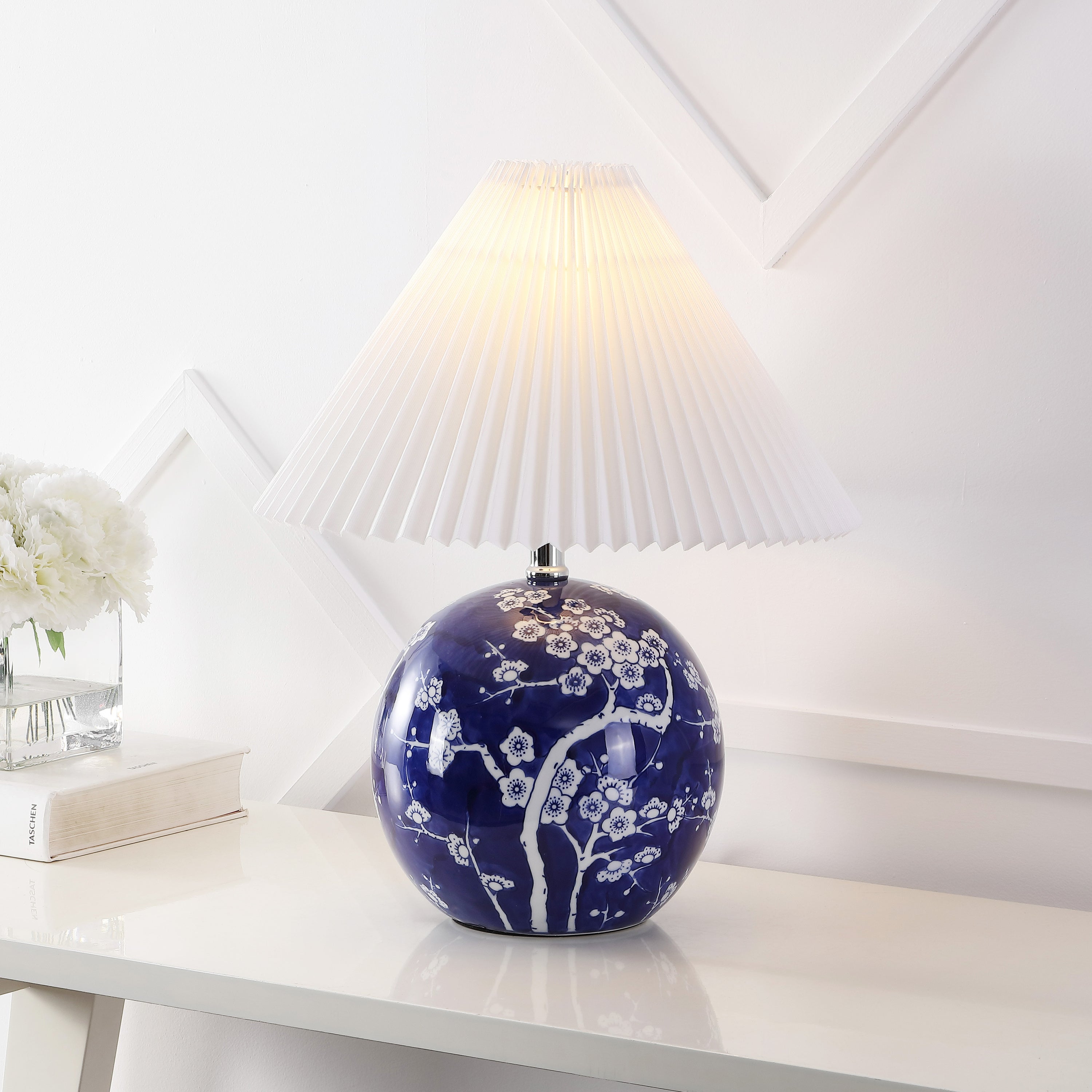 Shishen Cottage Classic Chinoiserie Ceramic Orb LED Table Lamp with Pleated Shade