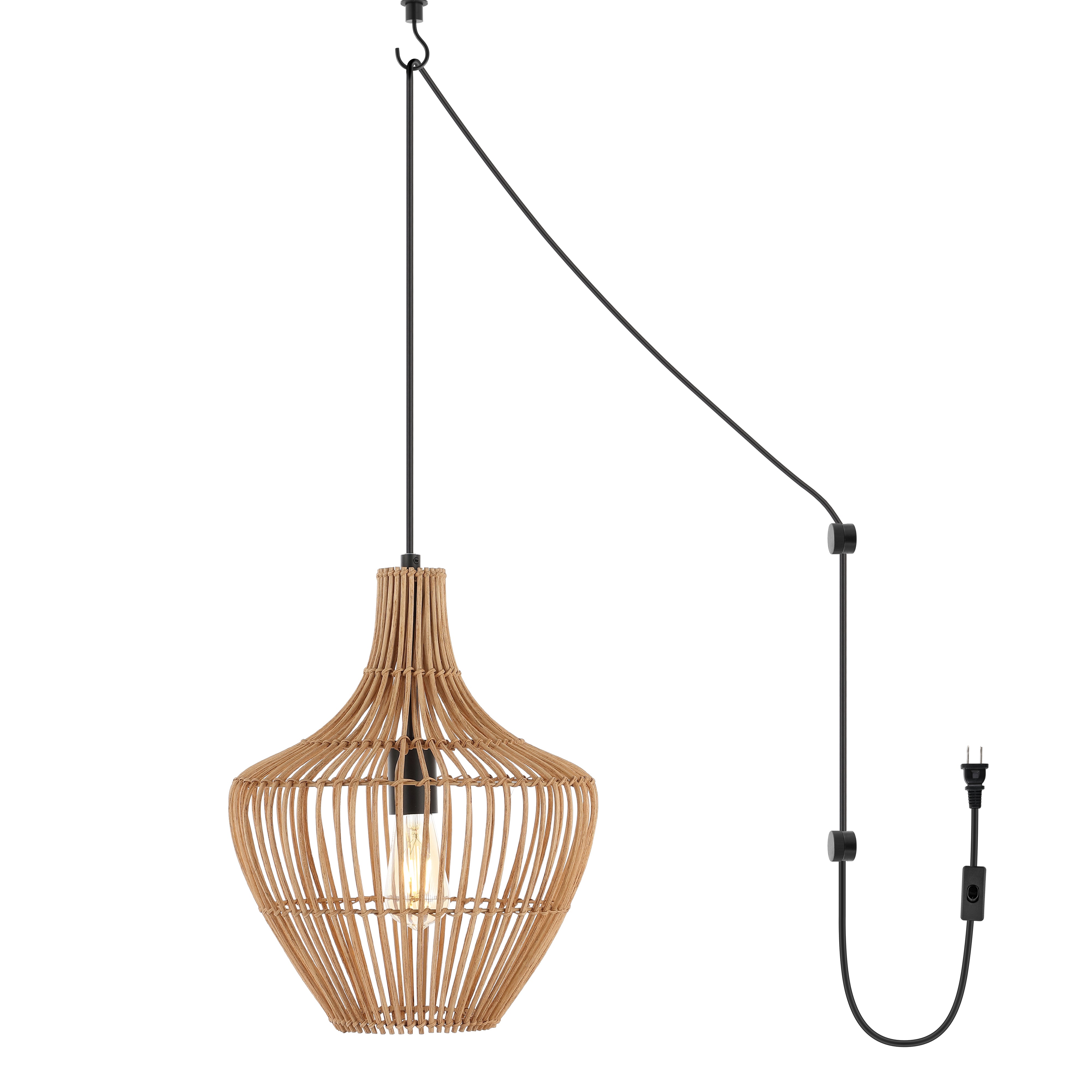 Lucas 1-Light Farmhouse Coastal Rattan 180"" Cord Plug-In or Hardwired LED Pendant