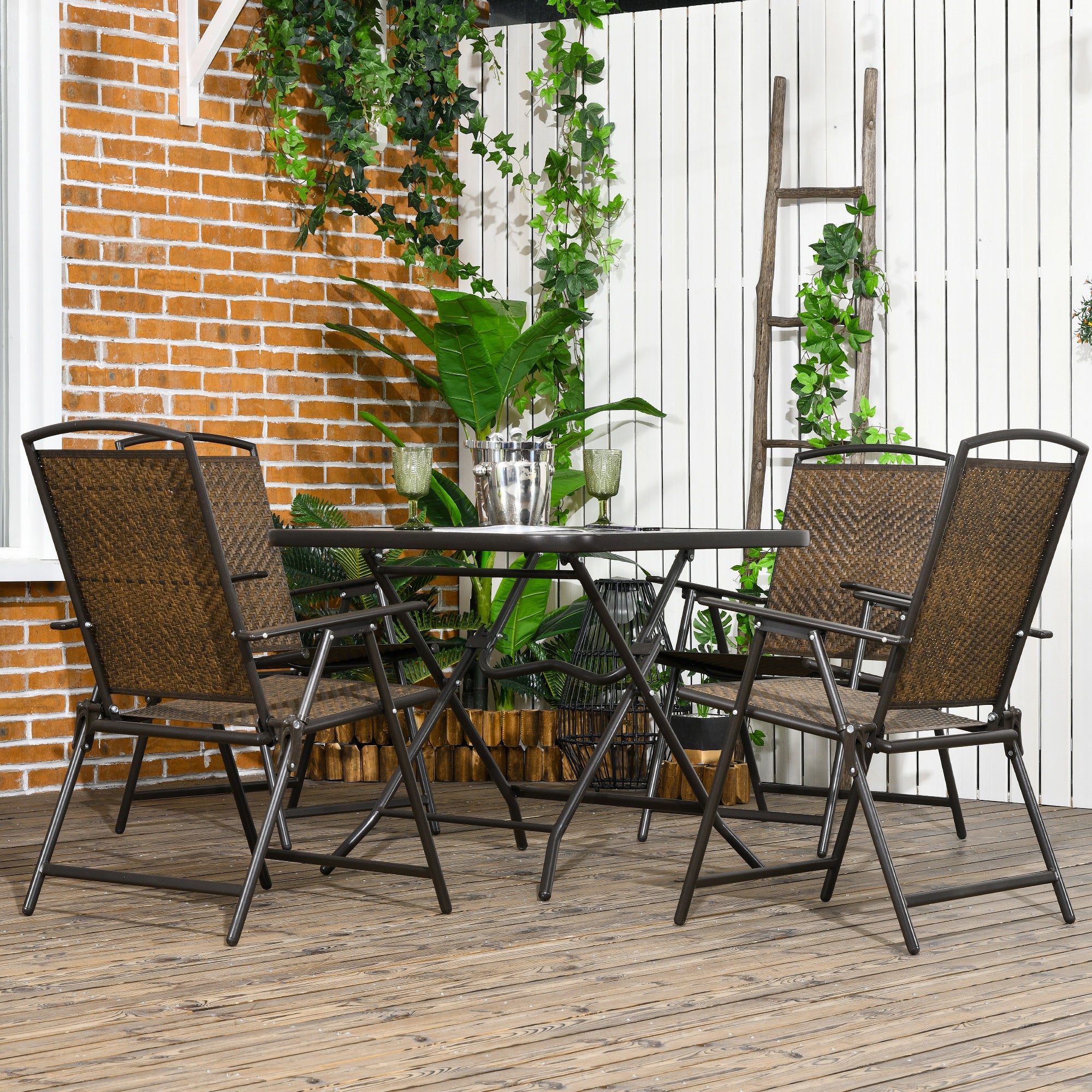 Outsunny 5 Pieces Wicker Patio Dining Set, Foldable Outdoor Table and Chairs, Wicker Furniture Dining Set with Umbrella Hole, Tempered Glass Table, Dark Brown