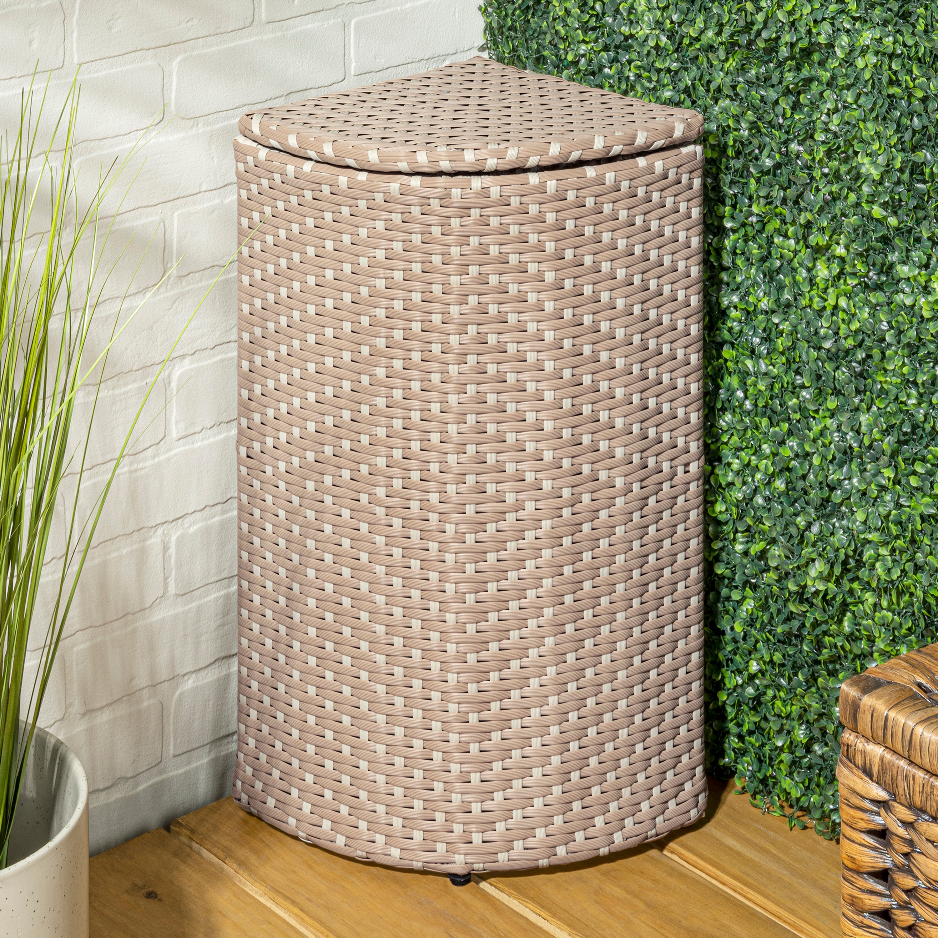 Chloe All-Weather Wicker/Metal Corner Hideaway Outdoor Trash Can