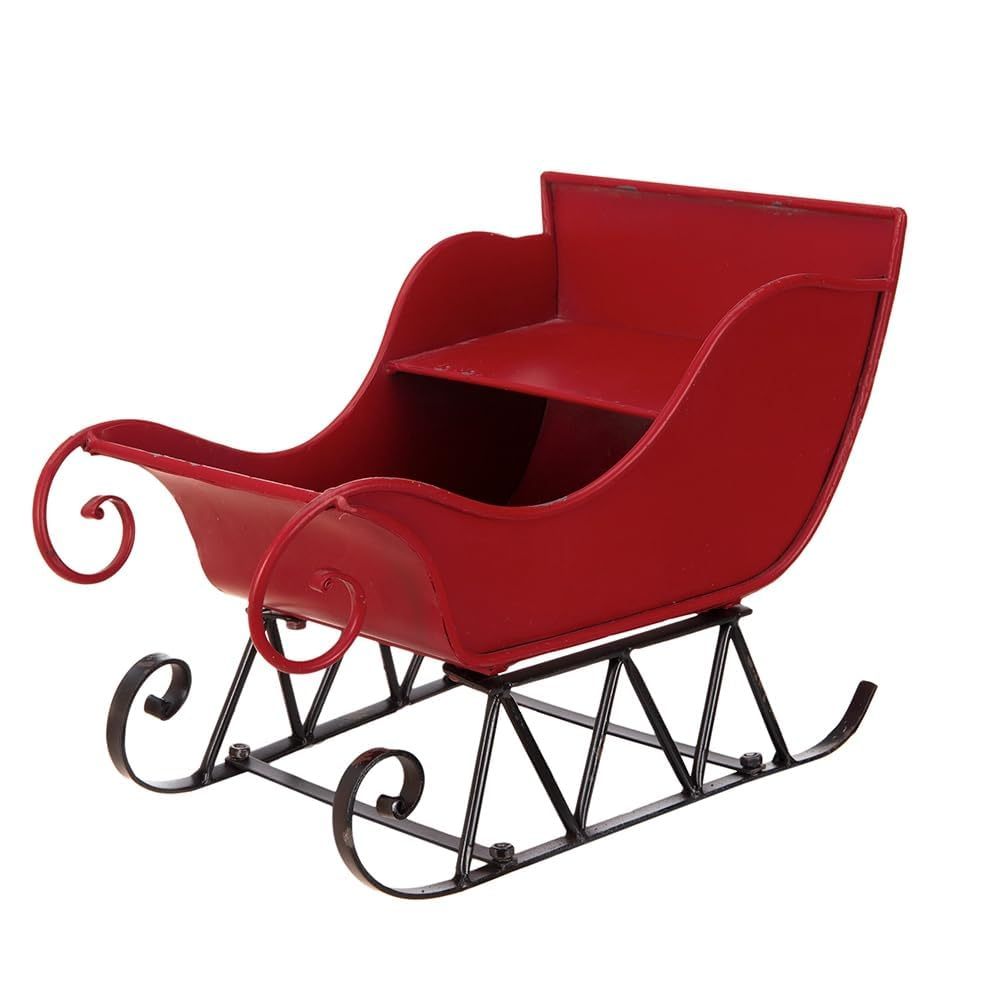 14.5x10x11""H Iron Red/Black Sleigh Small, Distressed Christmas Santa Sleigh Holiday Tabletop/Hanging Decoration