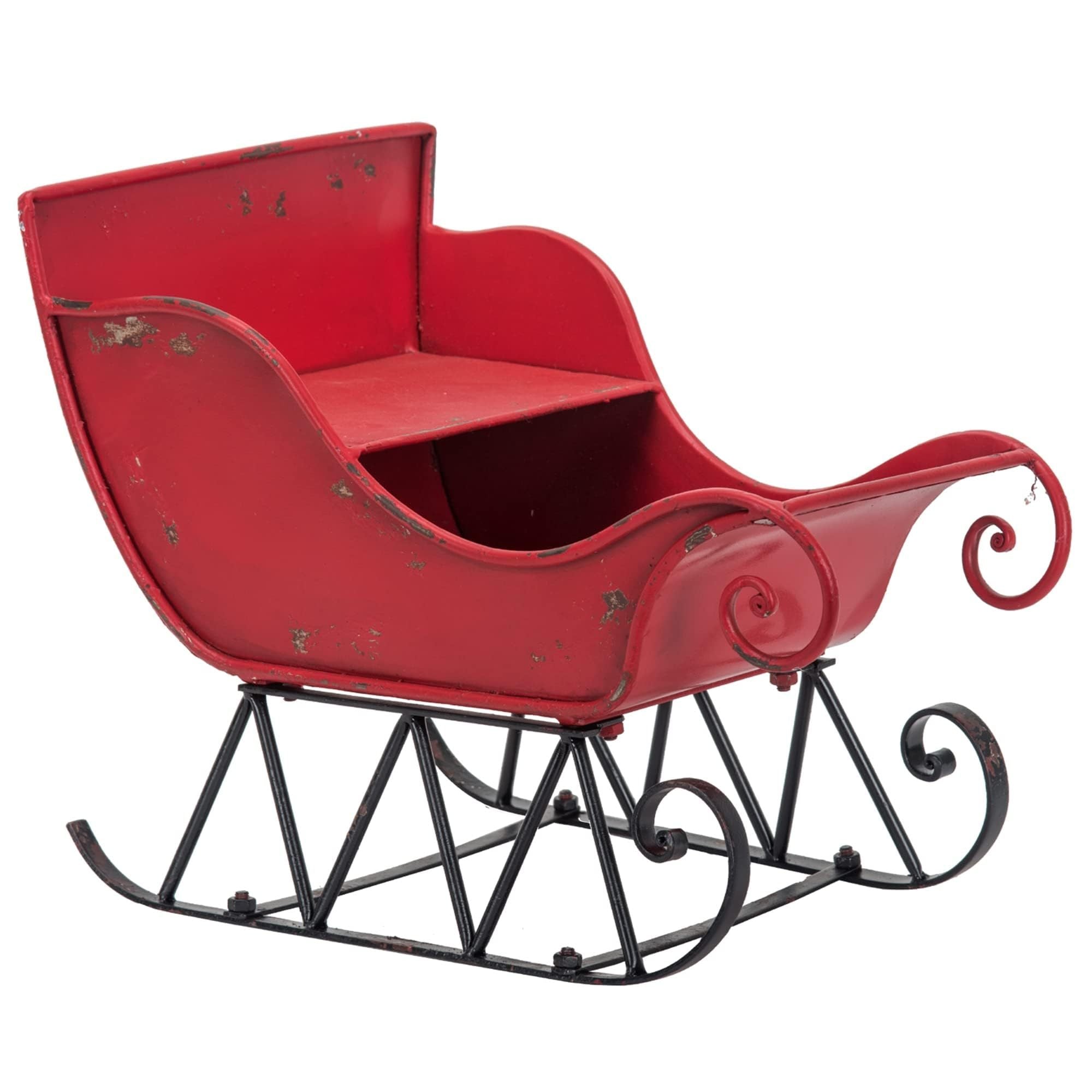 39x17.7x22""H Iron Red/Black Sleigh Large, Distressed Christmas Santa Sleigh Holiday Decoration