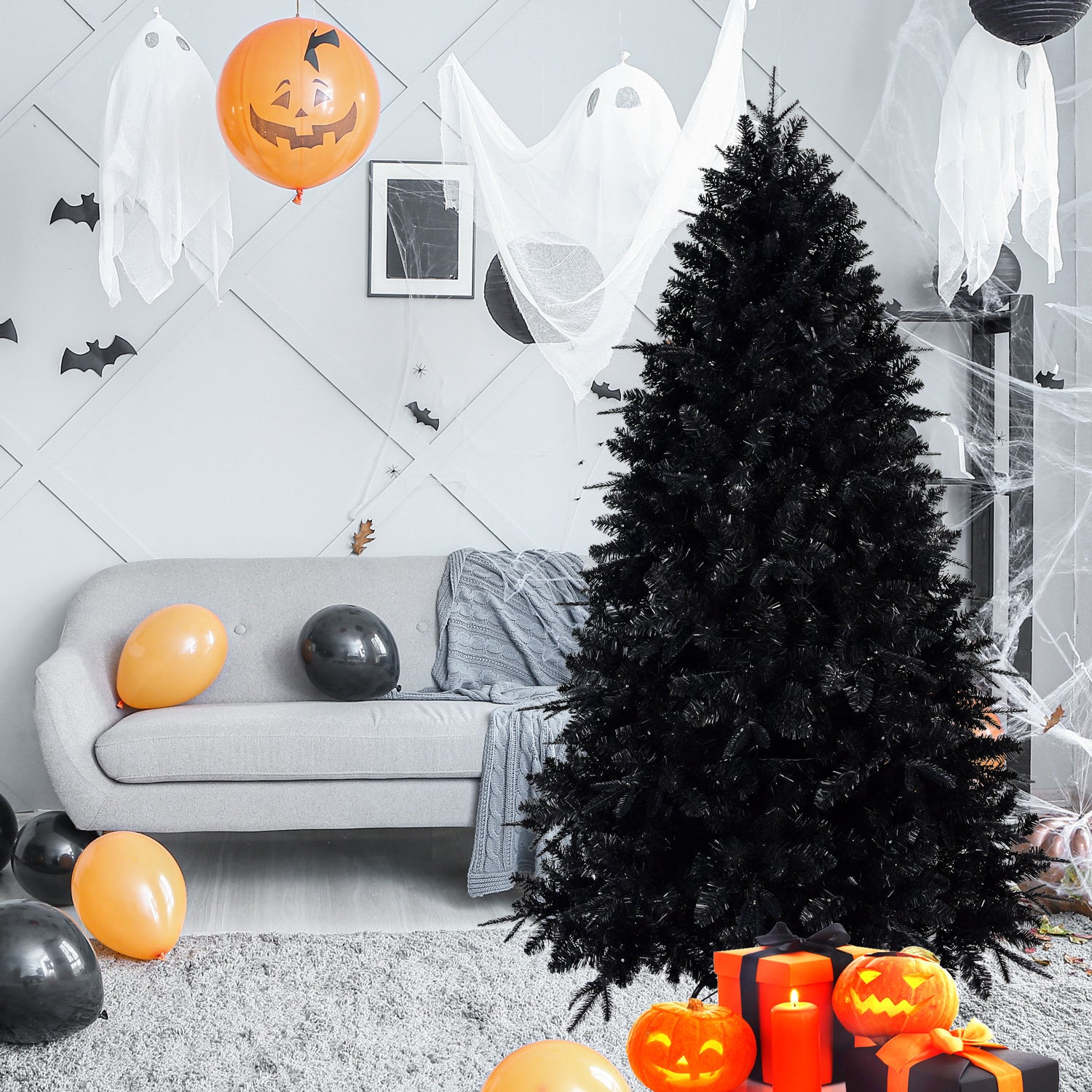 7.5ft Pre-Lit Black Christmas Tree, Full Halloween Xmas Artificial Tree - Black