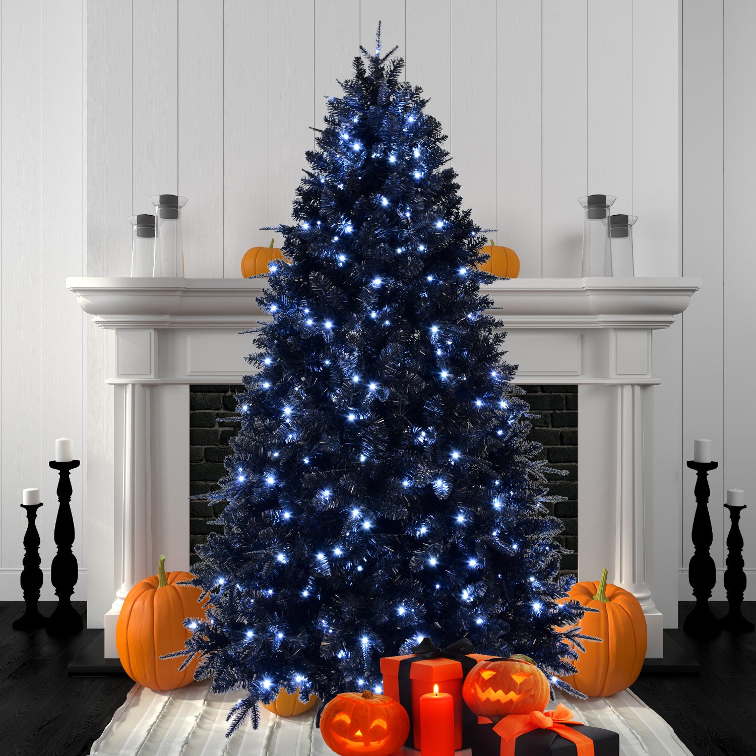 9ft Pre-Lit Black Christmas Tree, Full Halloween Xmas  Tree - Black