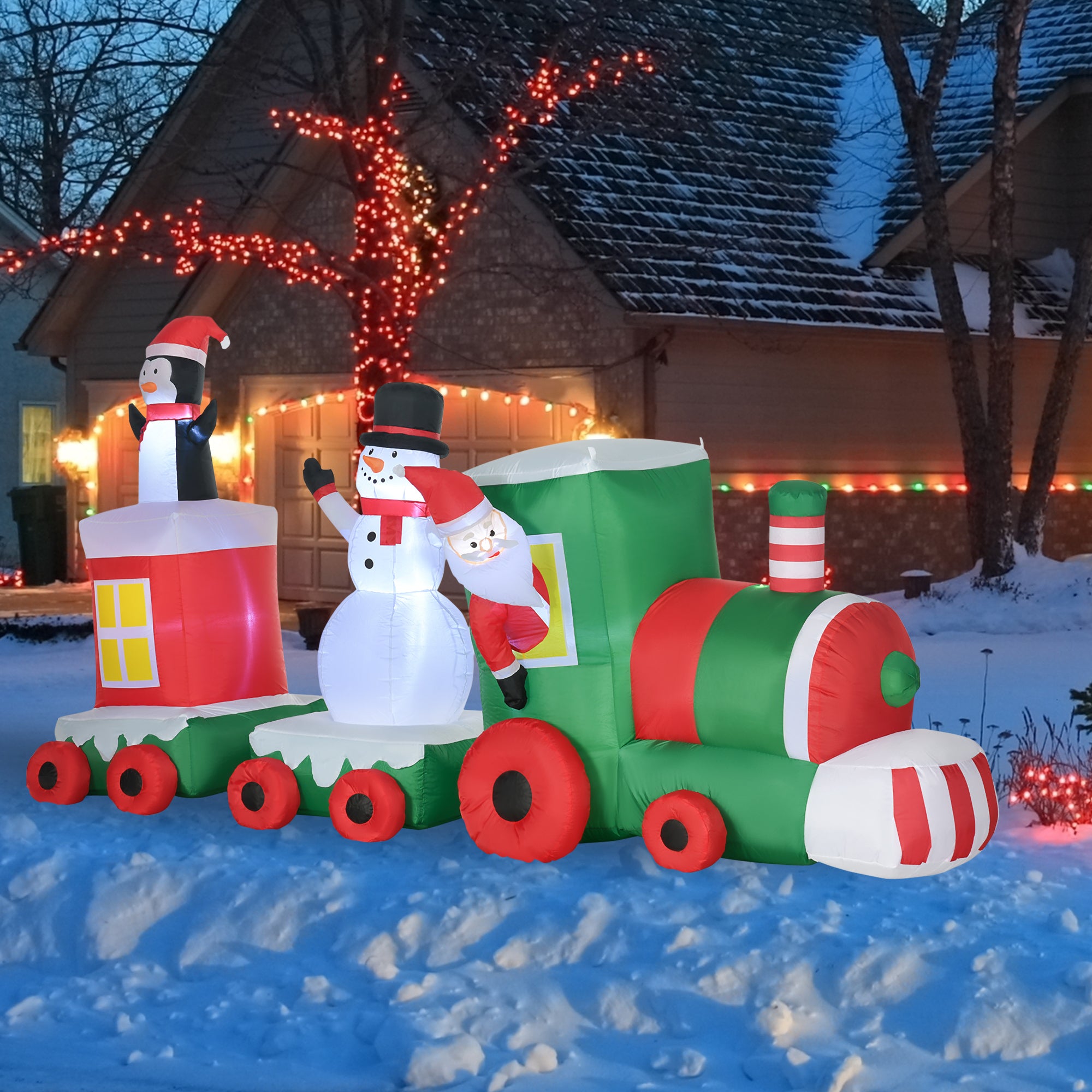 11ft Christmas Inflatable Outdoor Holiday Train with Santa, Snowman and Penguin, Blow-Up Yard Decor with LED Lights