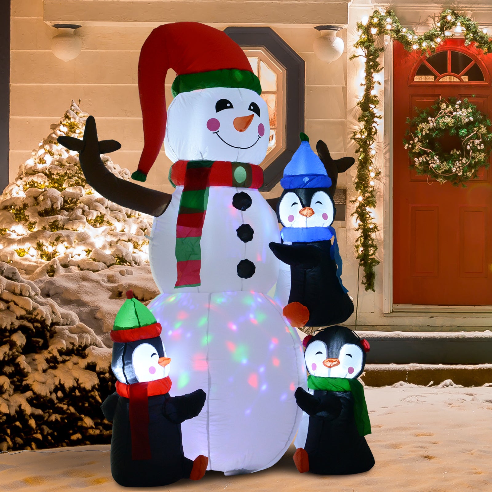 6' Christmas Inflatables Outdoor Decorations Snowman with Penguins, Blow-Up Yard Decor with LED Rotating Colorful Light