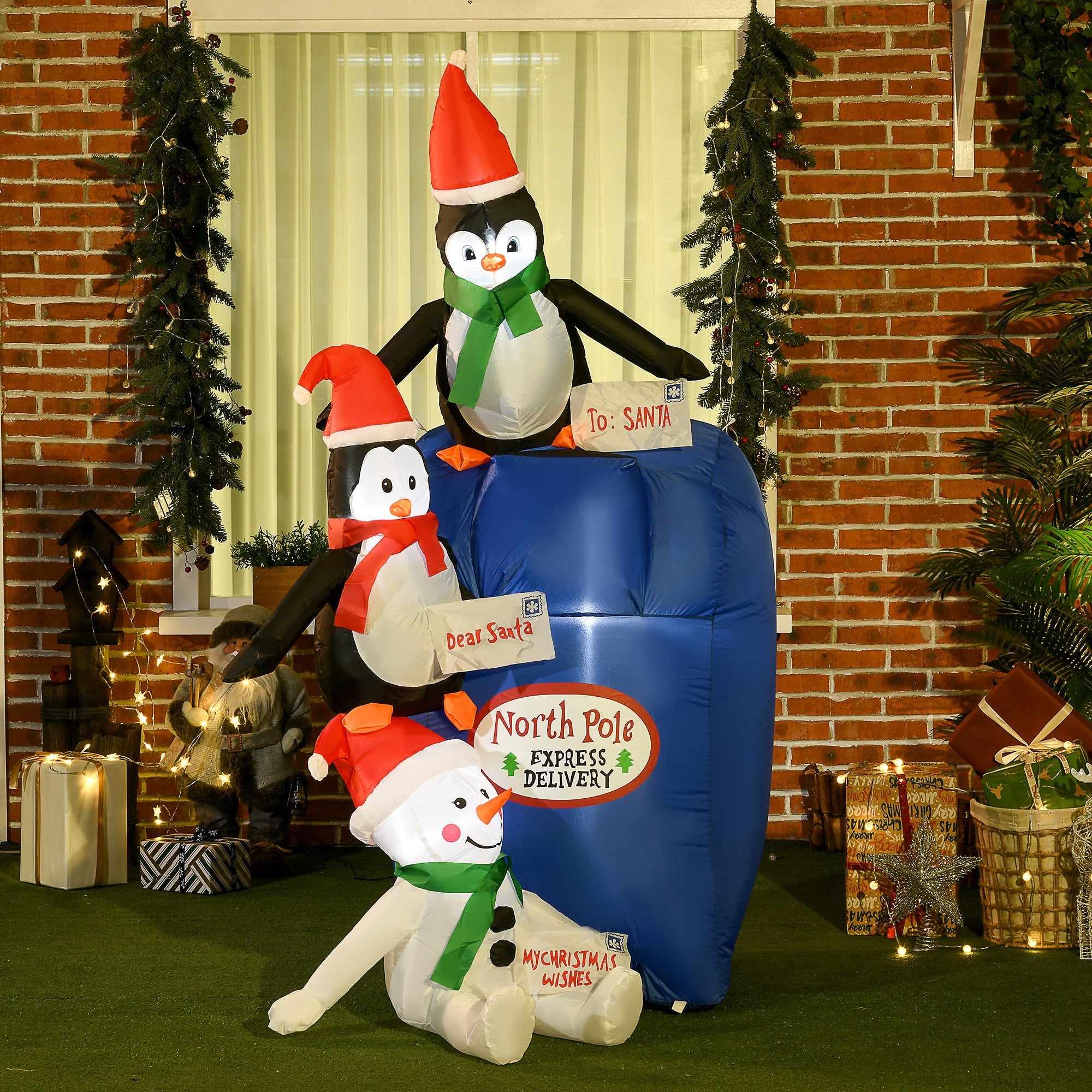 6ft Christmas Inflatables Outdoor  North Pole Mailbox with Penguins and Snowman, Blow-Up Yard  Decor with LED Lights Display