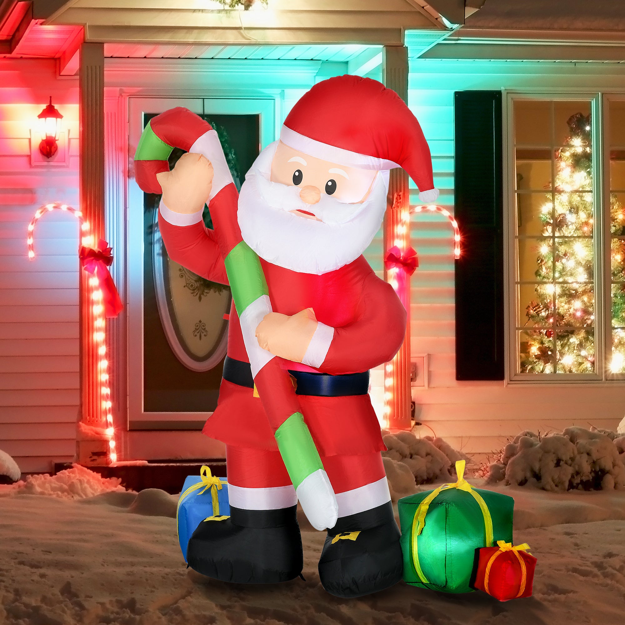 6ft Christmas Inflatables Outdoor  Santa Claus with Candy Cane, Blow-Up LED Yard Decor