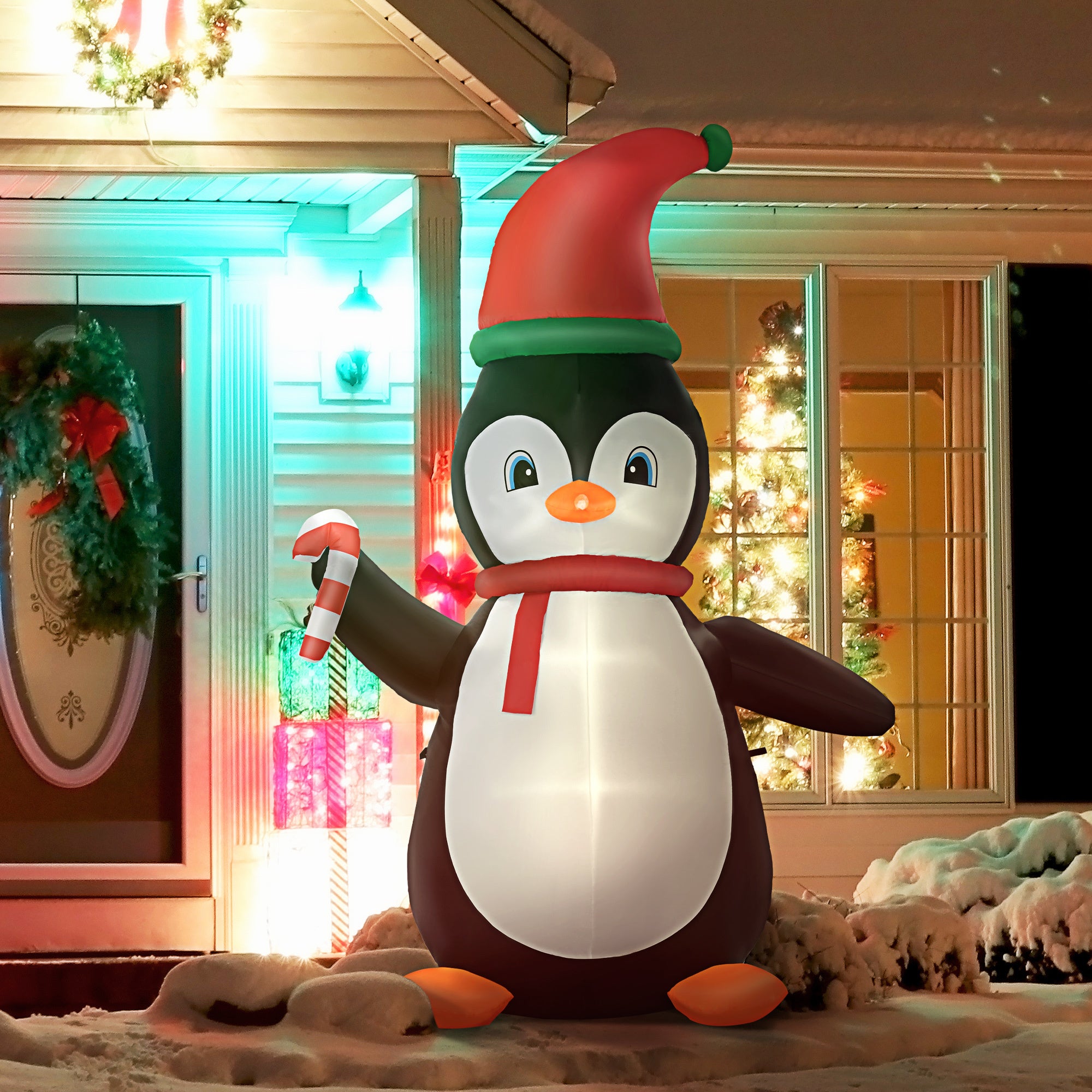 8ft Christmas Inflatable Outdoor  Penguin with Candy Cane, Blow-Up Yard  with LED Lights Display